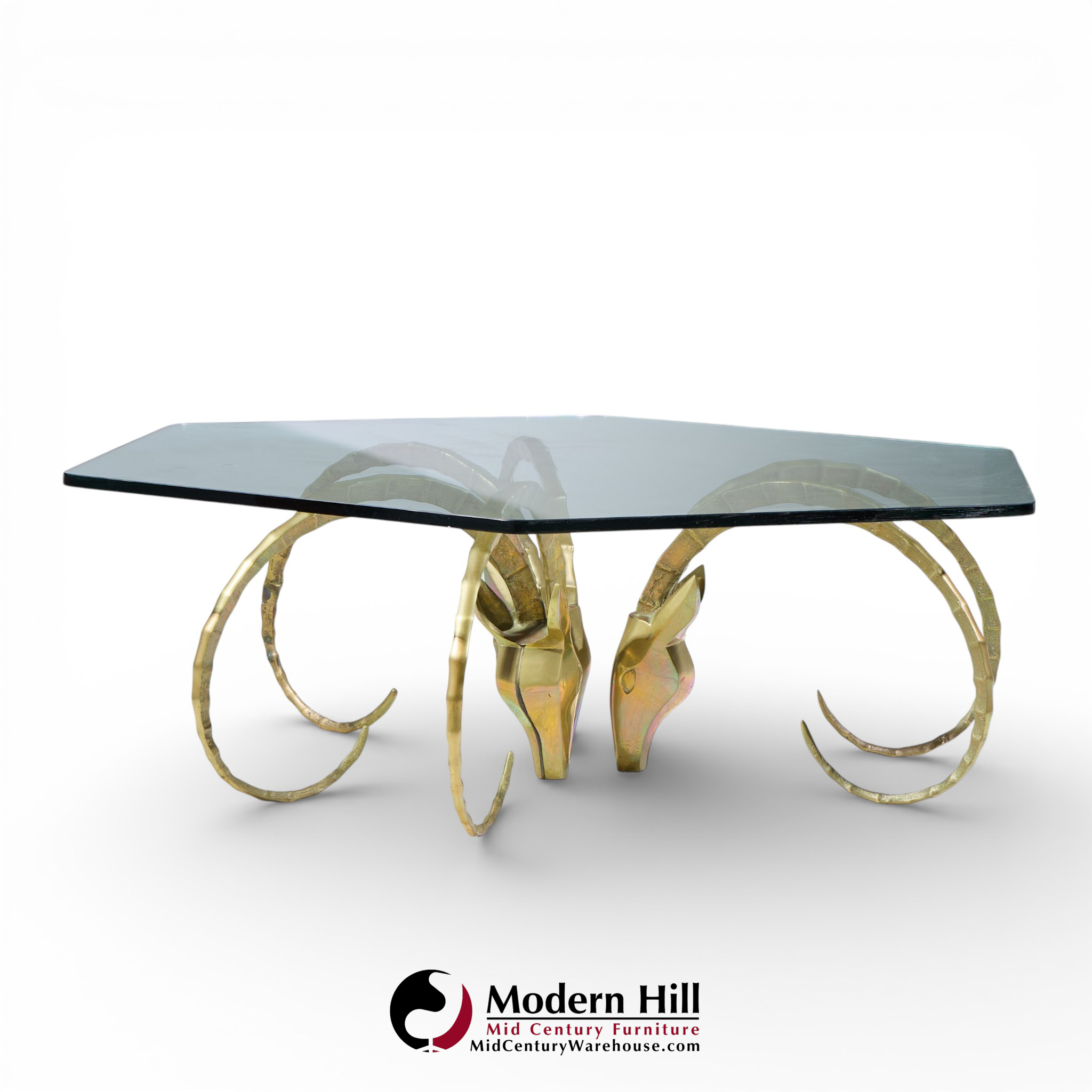 Alain Chervet Mid Century Brass Ibex Glass Top Coffee Table