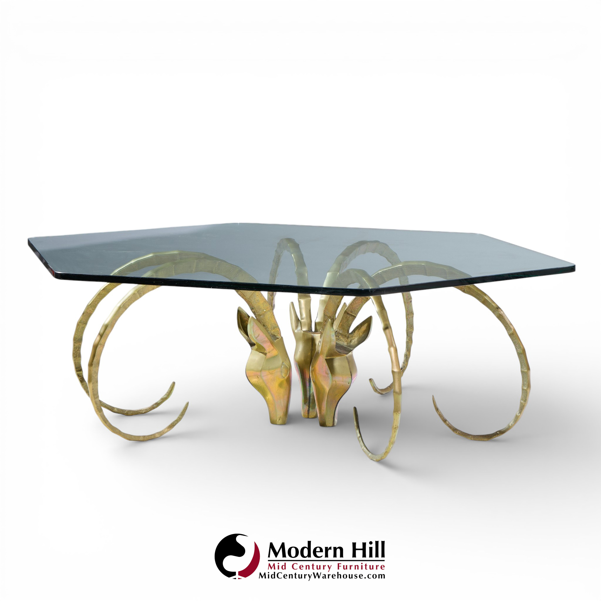 Alain Chervet Mid Century Brass Ibex Glass Top Coffee Table