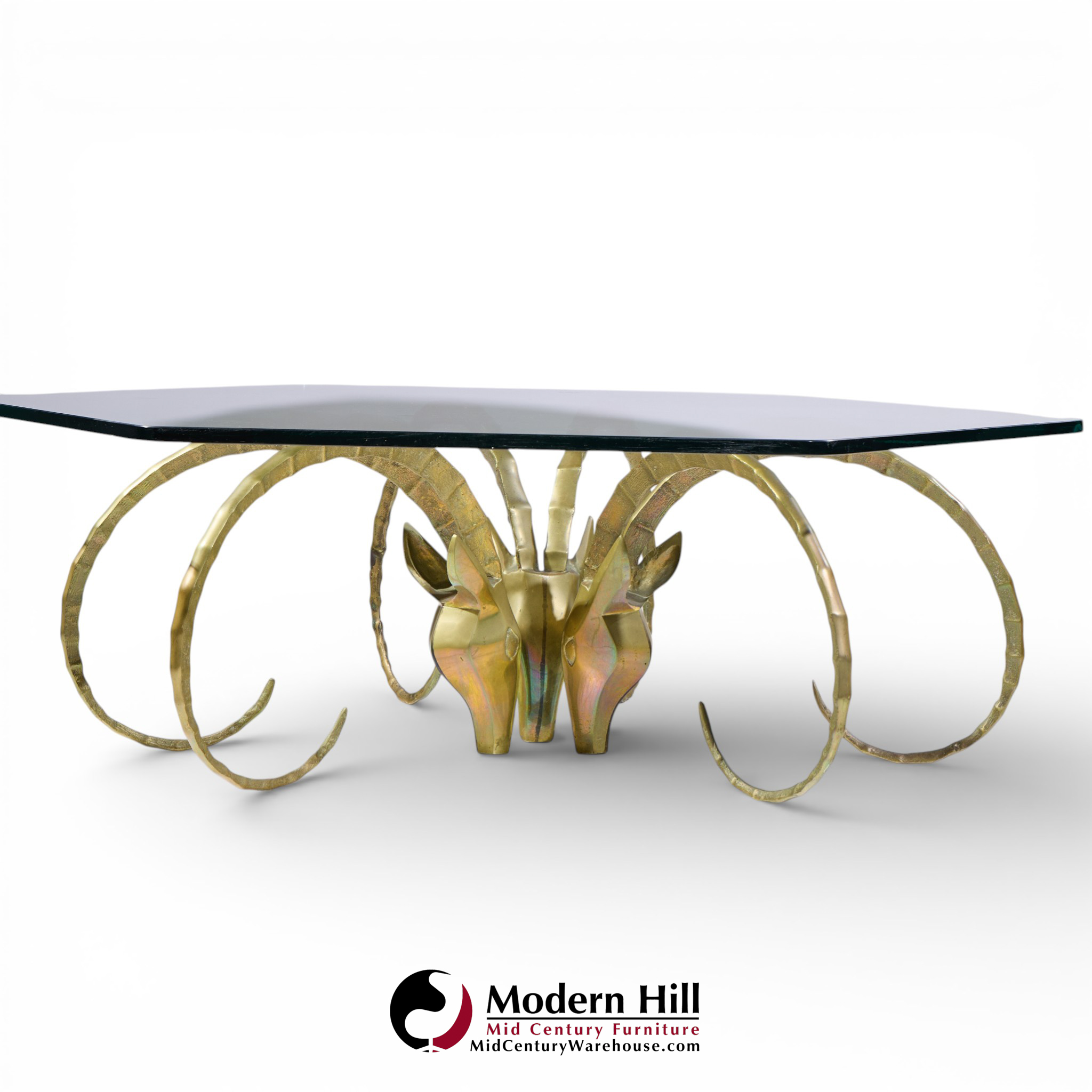 Alain Chervet Mid Century Brass Ibex Glass Top Coffee Table