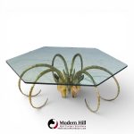 Alain Chervet Mid Century Brass Ibex Glass Top Coffee Table