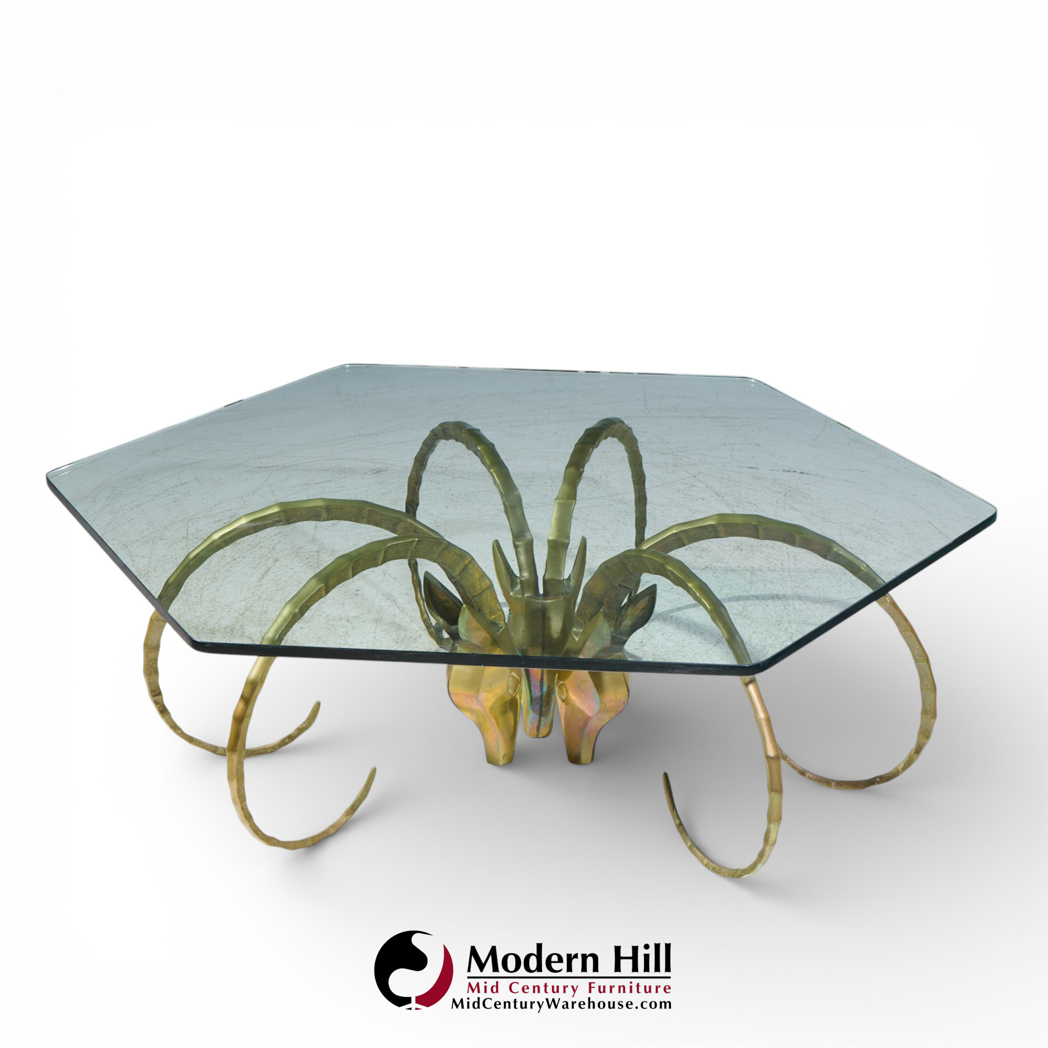 Alain Chervet Mid Century Brass Ibex Glass Top Coffee Table