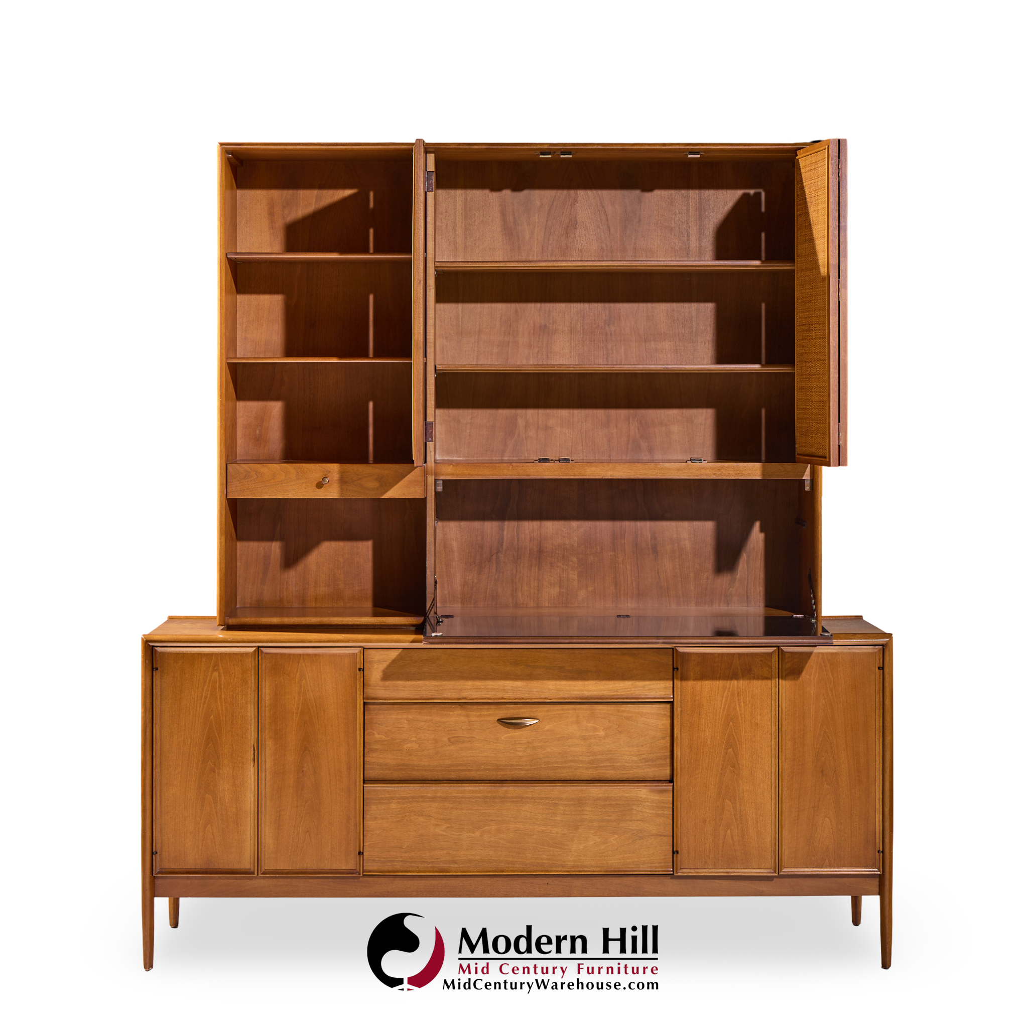 Barney Flagg for Drexel Parallel Mid Century Walnut and Cane Credenza and Hutch