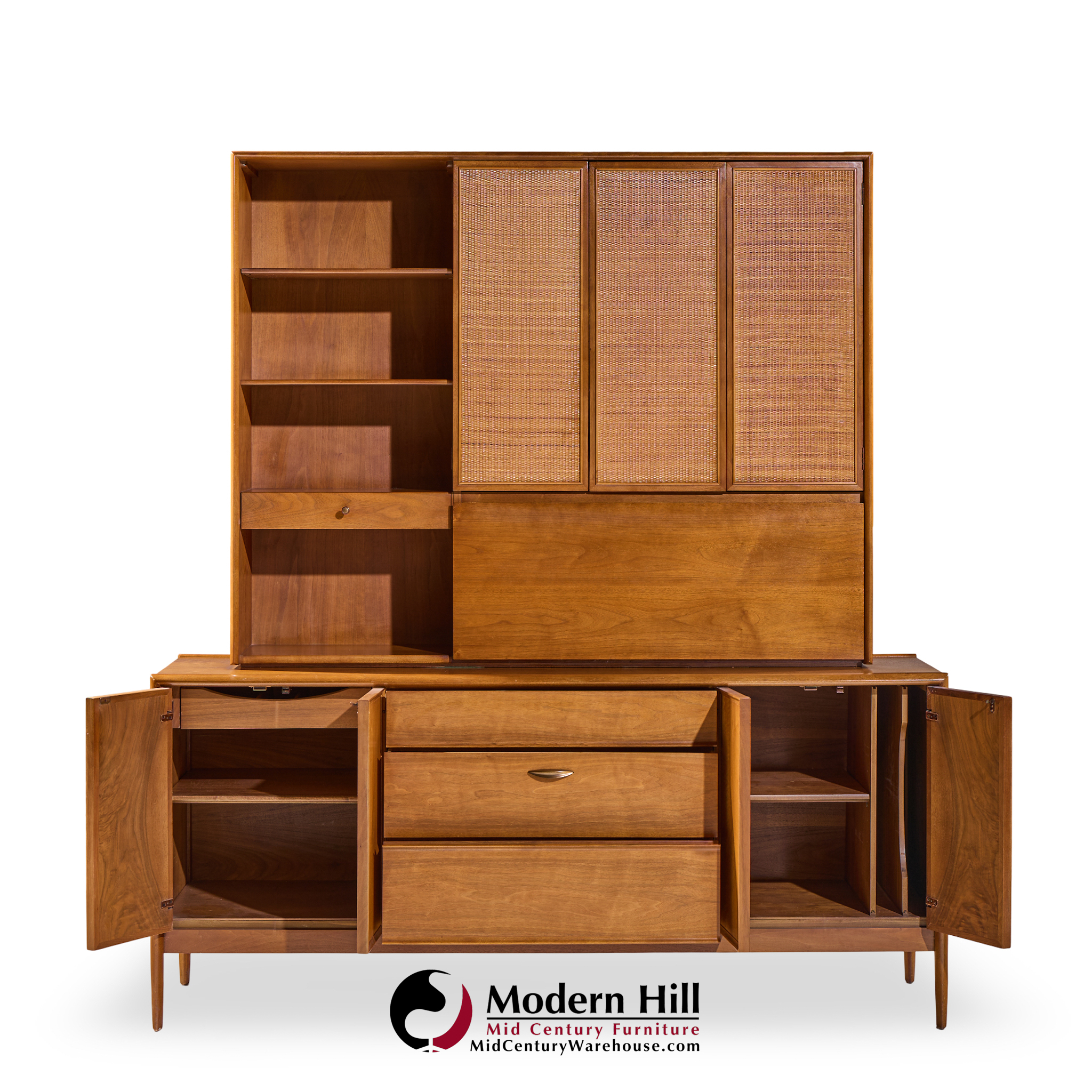 Barney Flagg for Drexel Parallel Mid Century Walnut and Cane Credenza and Hutch