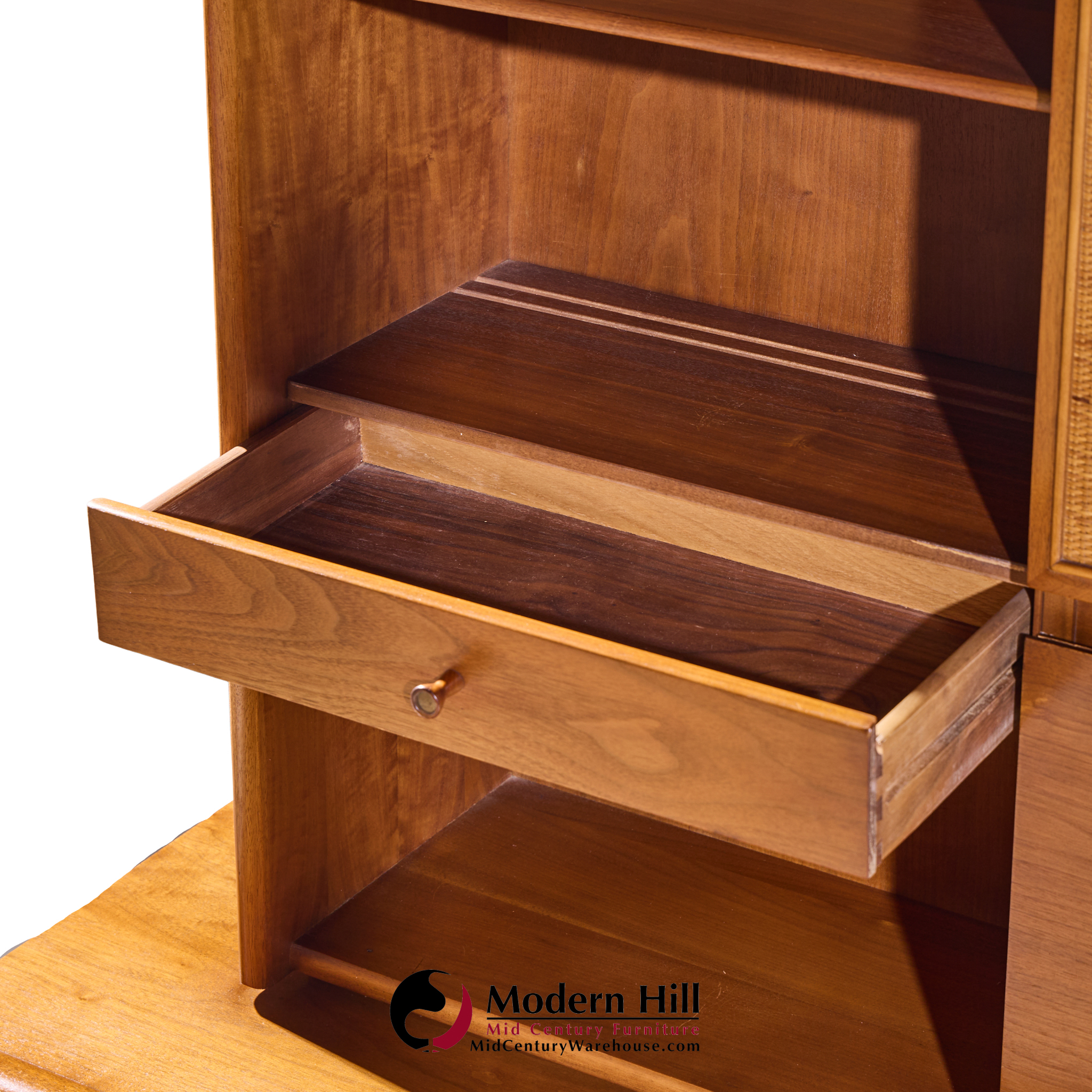 Barney Flagg for Drexel Parallel Mid Century Walnut and Cane Credenza and Hutch