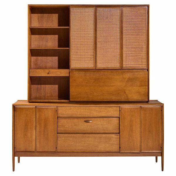 Barney Flagg for Drexel Parallel Mid Century Walnut and Cane Credenza and Hutch