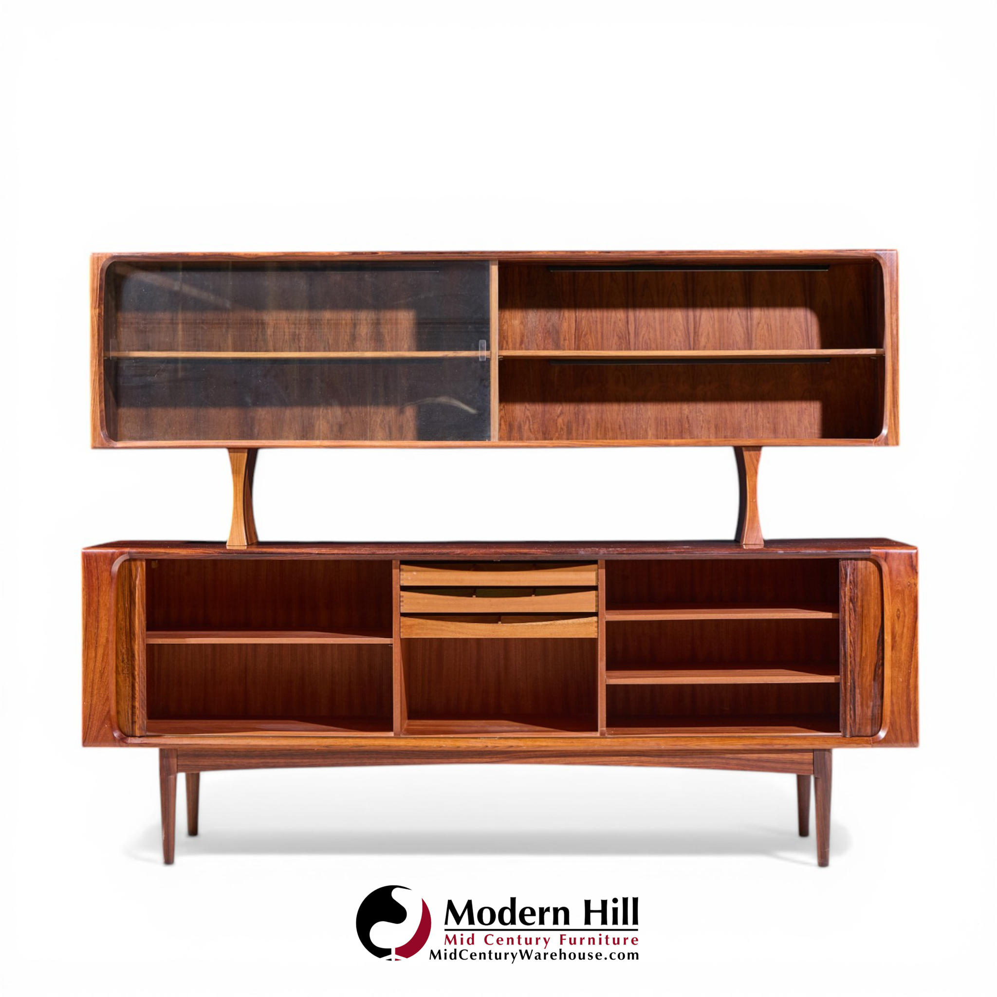 Bernhard Pedersen Mid Century Danish Rosewood Tambour Door Credenza and Hutch