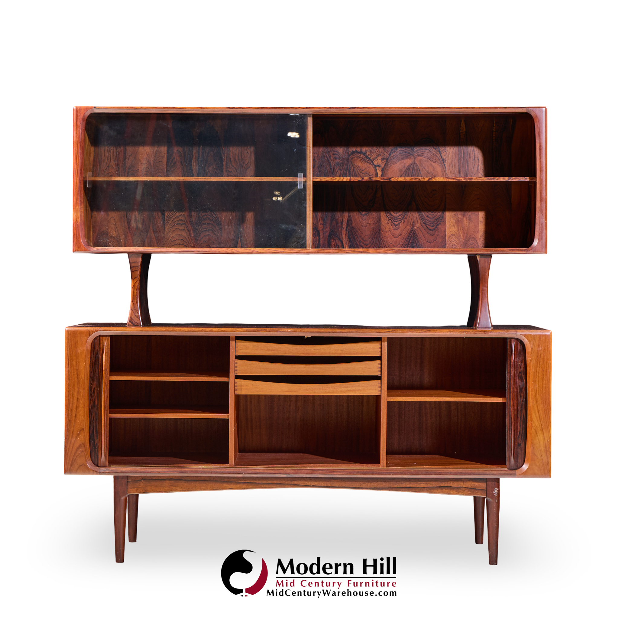 Bernhard Pedersen Mid Century Danish Rosewood Tambour Door Credenza with Hutch