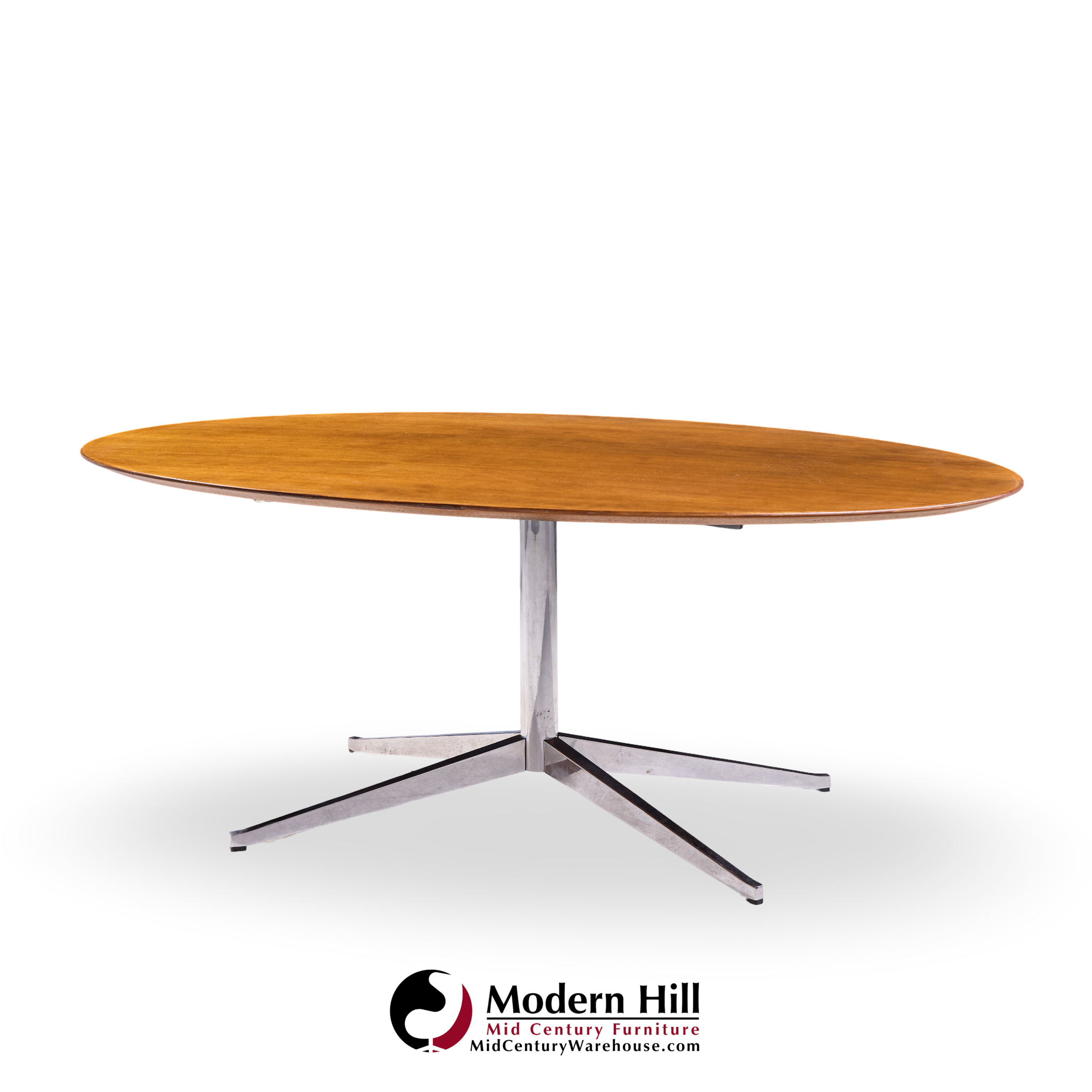 Florence Knoll Mid Century Walnut and Chrome Oval Dining Table