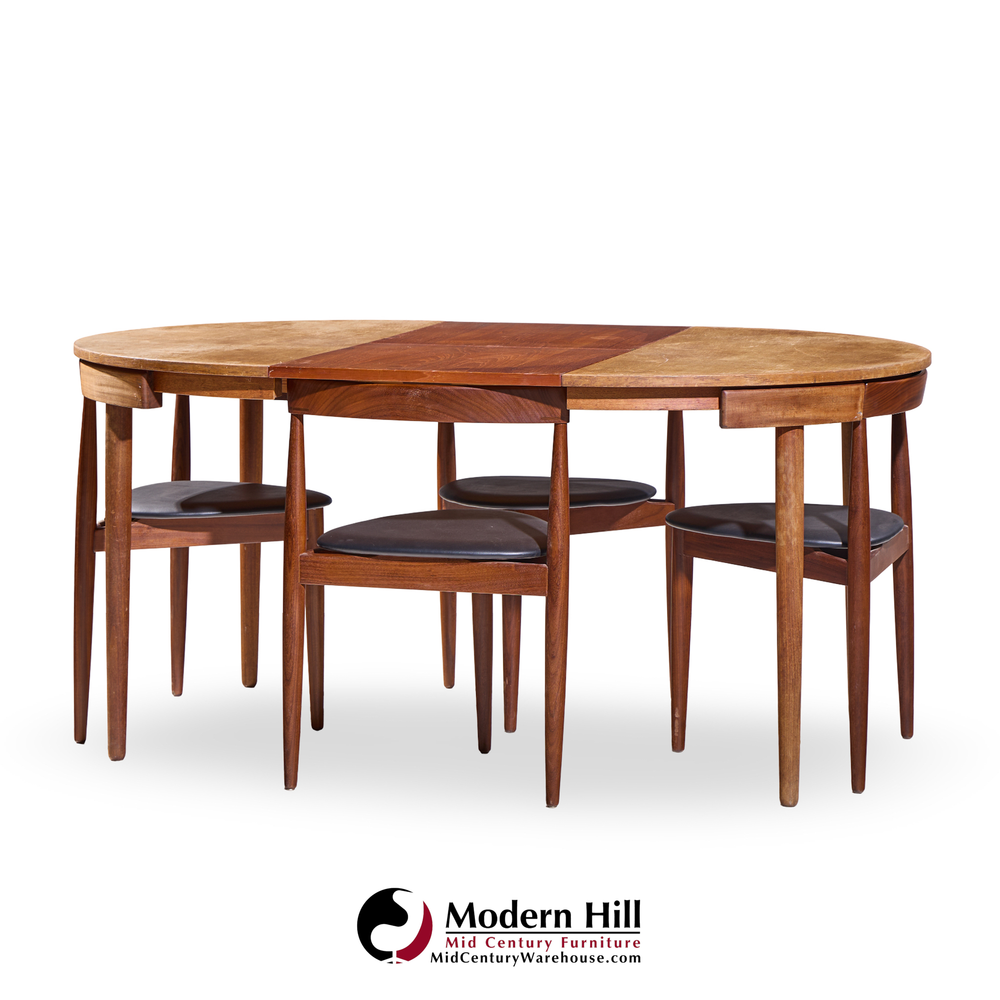Hans Olsen for Frem Rojle Mid Century Expanding Teak Dining Table with 4 Nesting Chairs