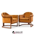 harvey probber mid century walnut barrel lounge chairs - pair
