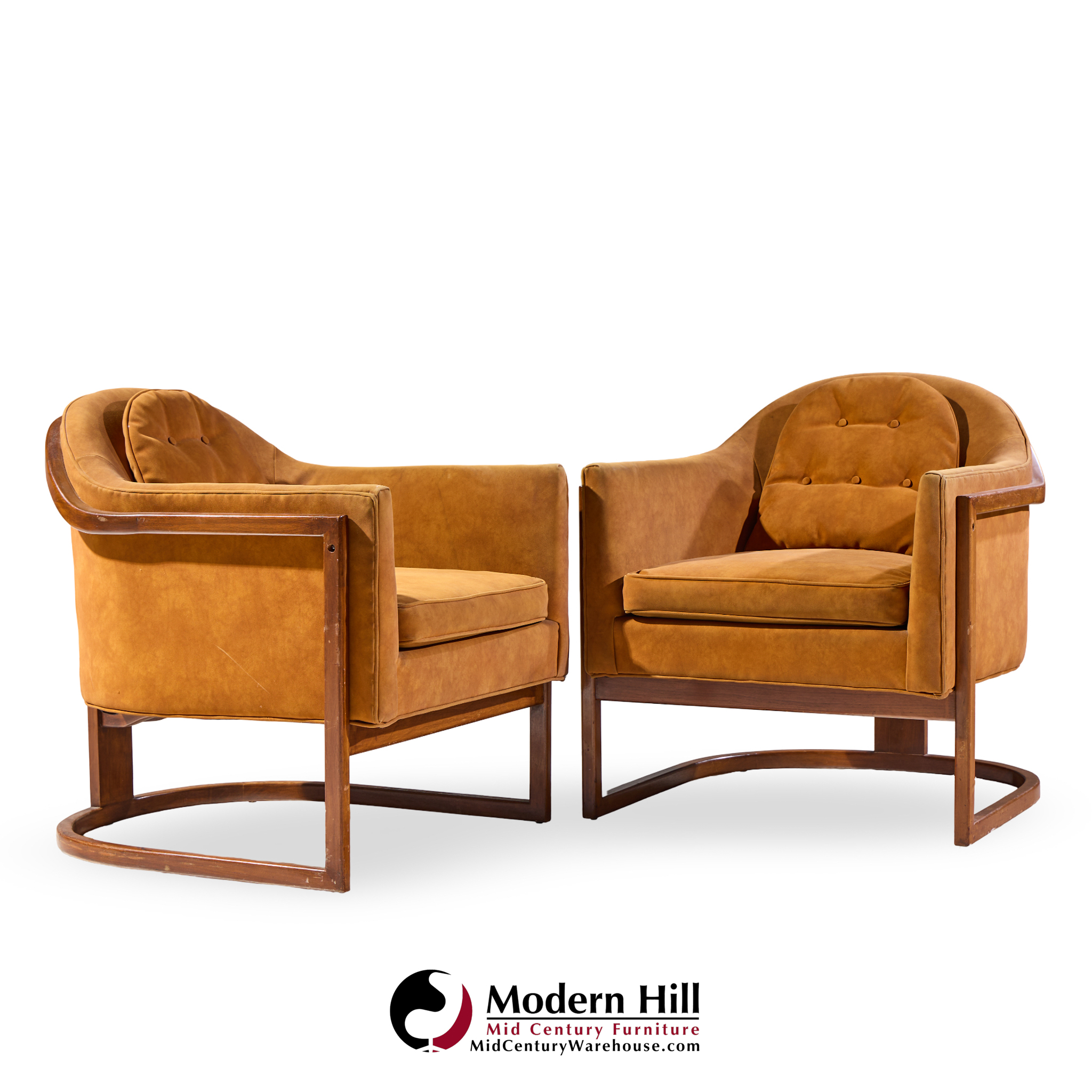 harvey probber mid century walnut barrel lounge chairs - pair