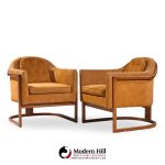 harvey probber mid century walnut barrel lounge chairs - pair