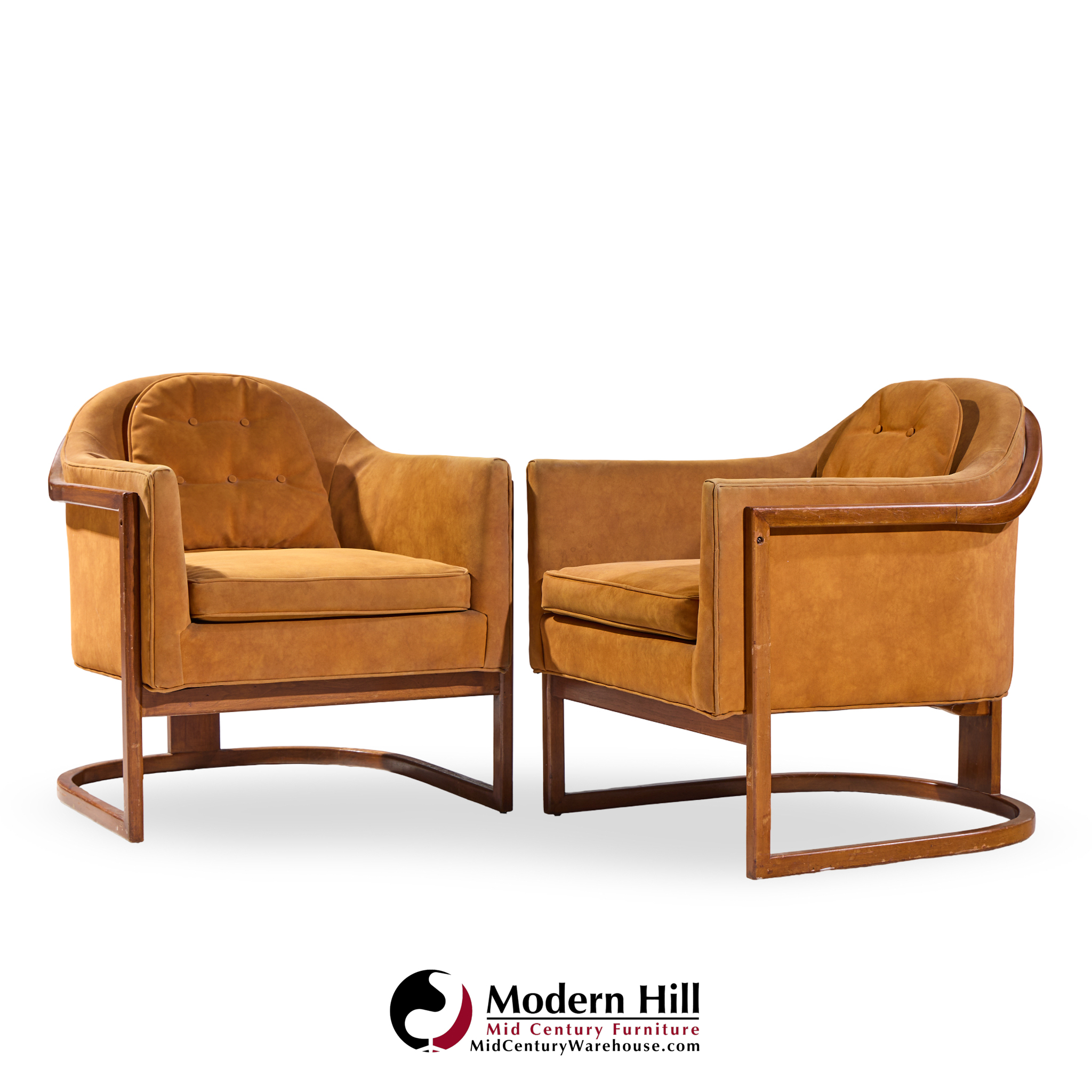 harvey probber mid century walnut barrel lounge chairs - pair