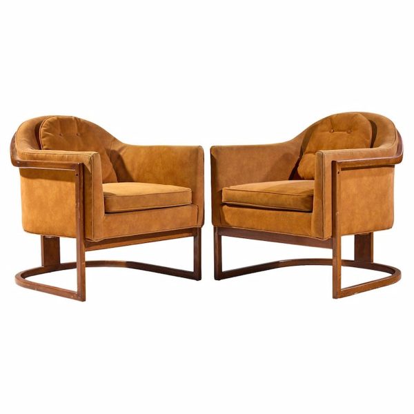 Harvey Probber Mid Century Walnut Barrel Lounge Chairs - Pair