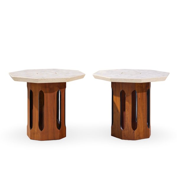 Harvey Probber Mid Century Walnut and Terrazzo Side End Tables - Pair