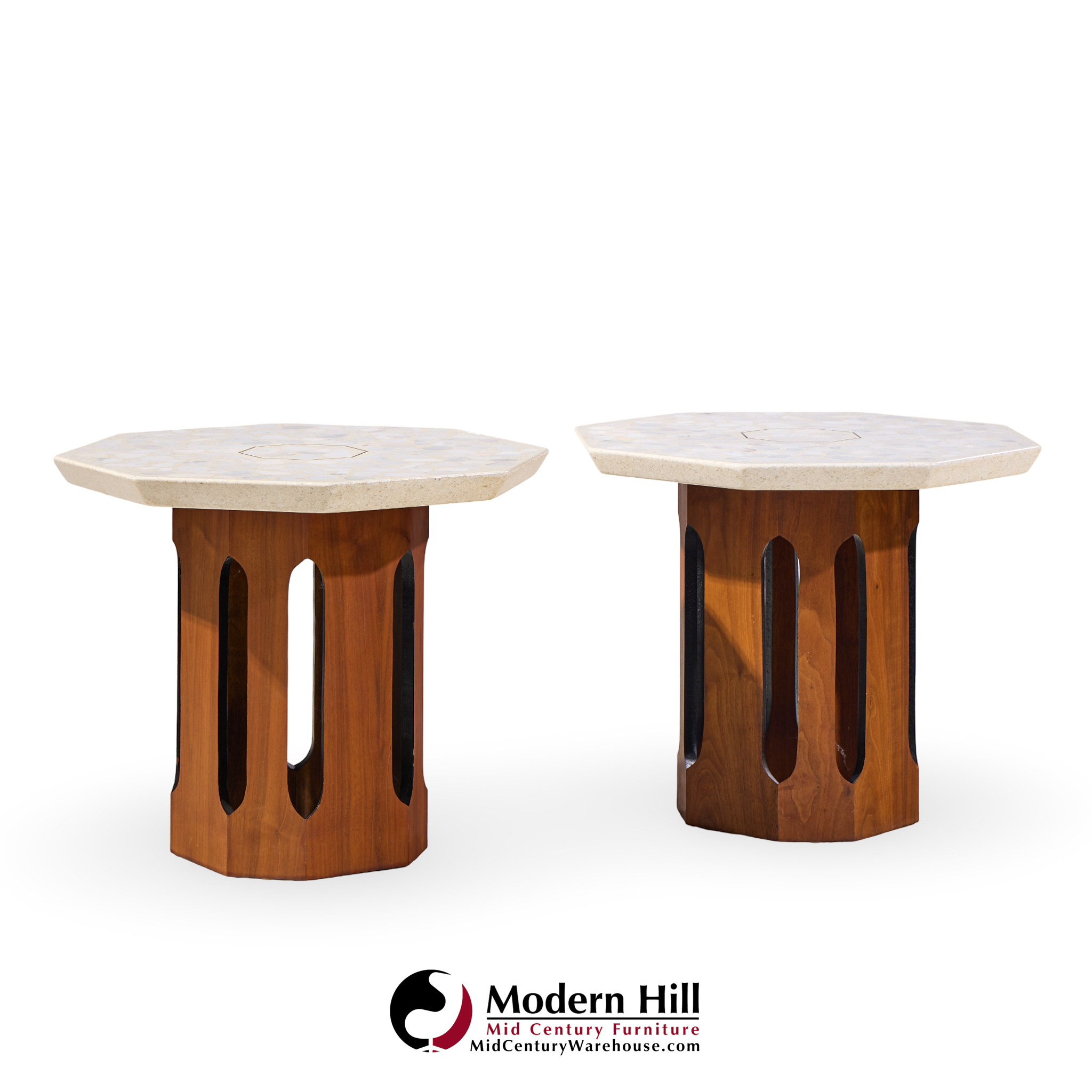 Harvey Probber Mid Century Walnut and Terrazzo Side End Tables - Pair