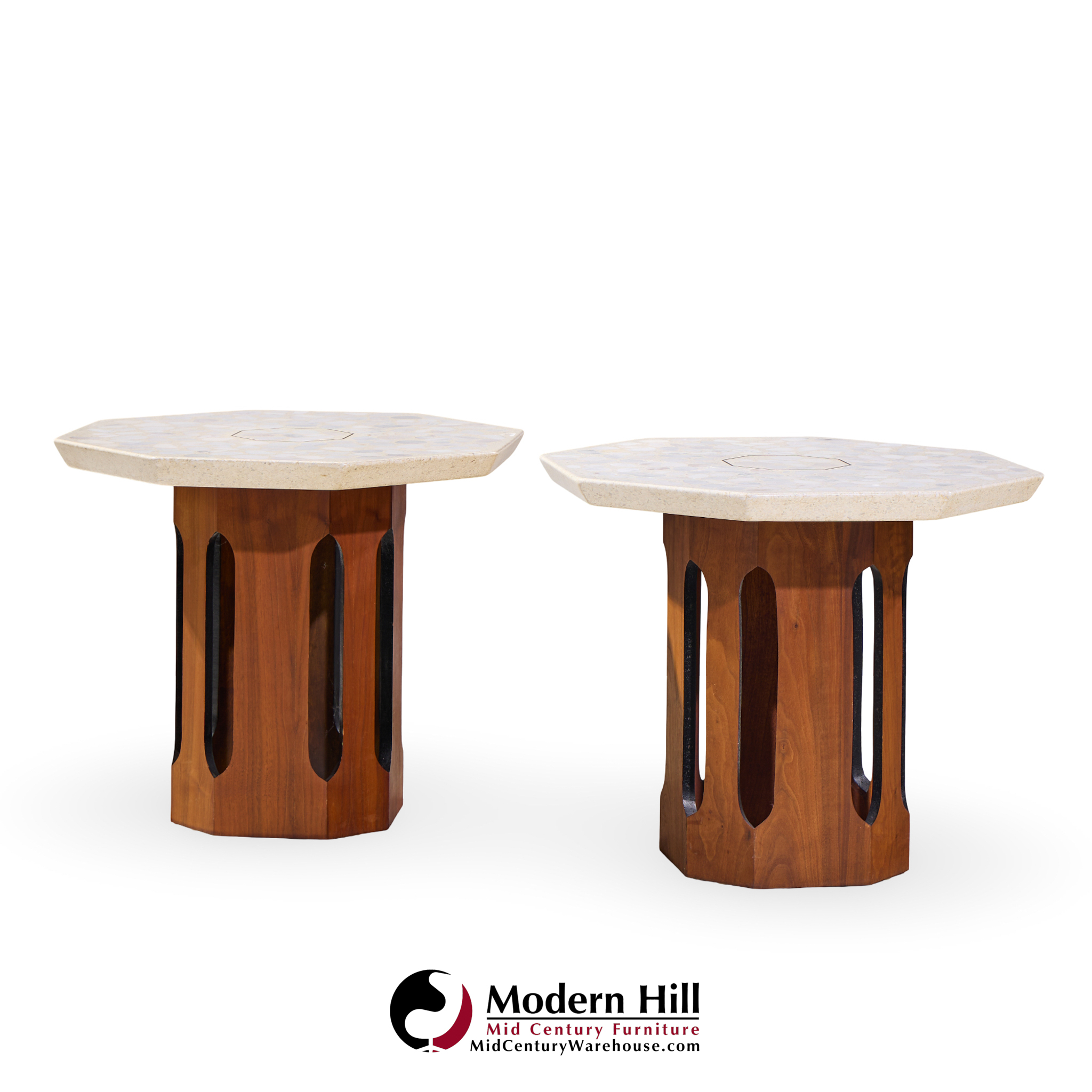 Harvey Probber Mid Century Walnut and Terrazzo Side End Tables - Pair