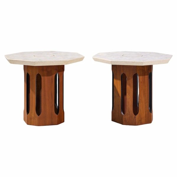Harvey Probber Mid Century Walnut and Terrazzo Side End Tables - Pair
