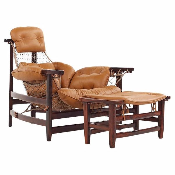 Jean Gillon Jangada Mid Century Brazilian Rosewood and Leather Lounge Chair with Ottoman