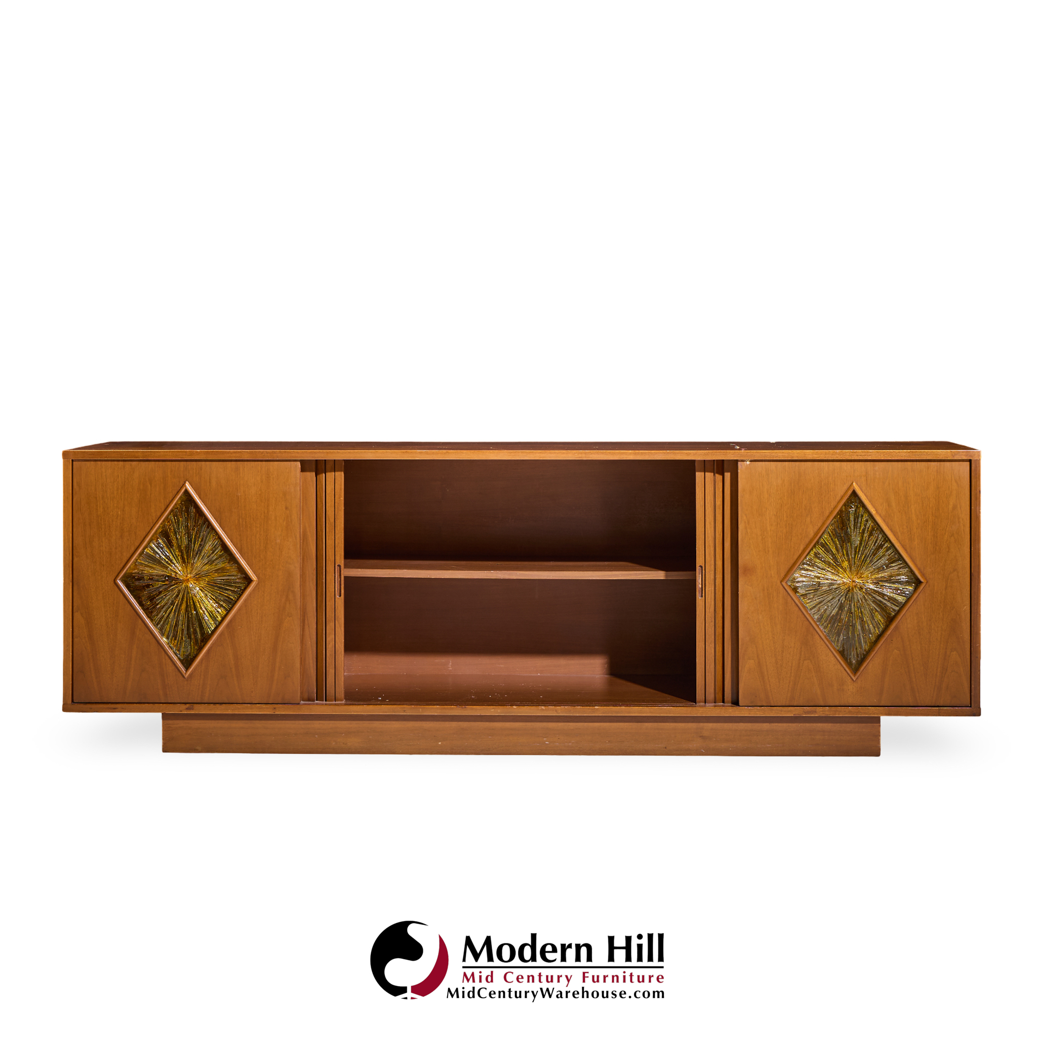 John Keal for Brown Saltman Style Mid Century Walnut Tambour Door Credenza and Hutch
