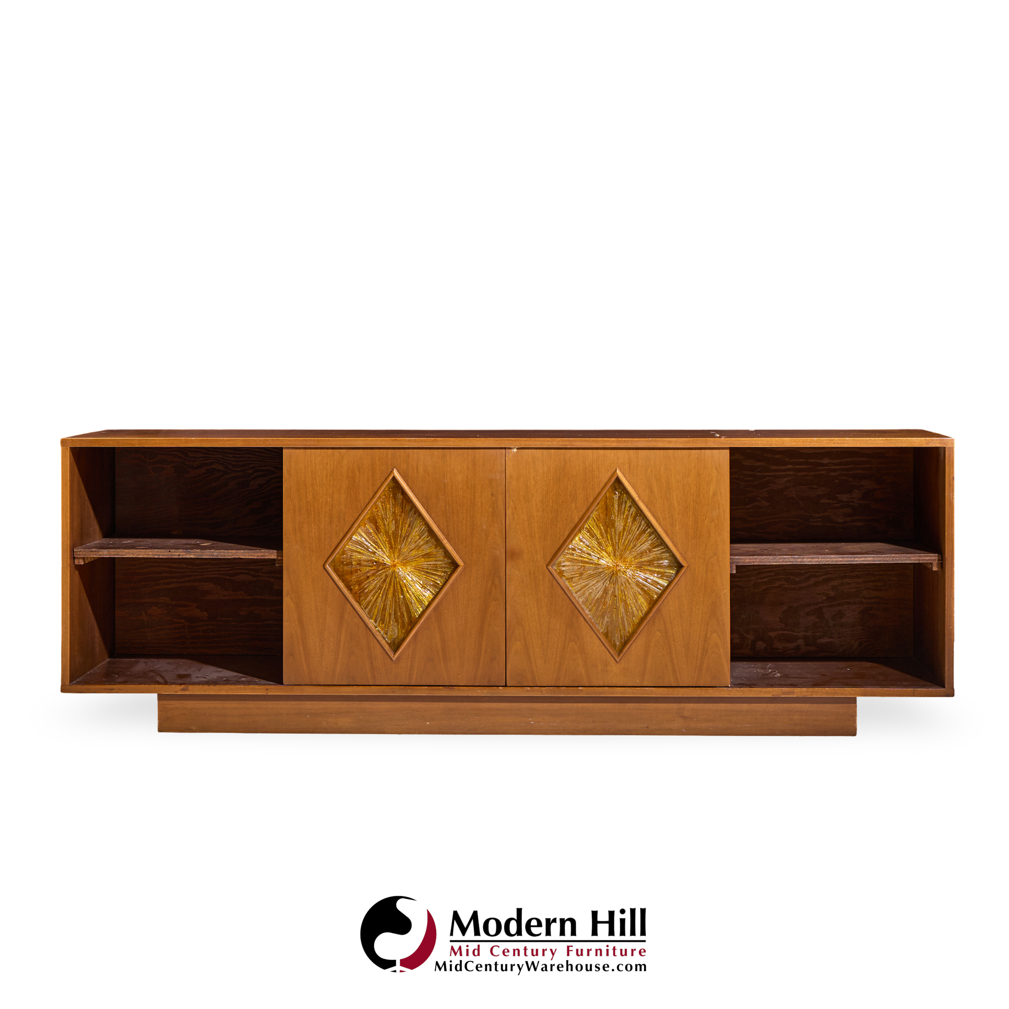 John Keal for Brown Saltman Style Mid Century Walnut Tambour Door Credenza and Hutch