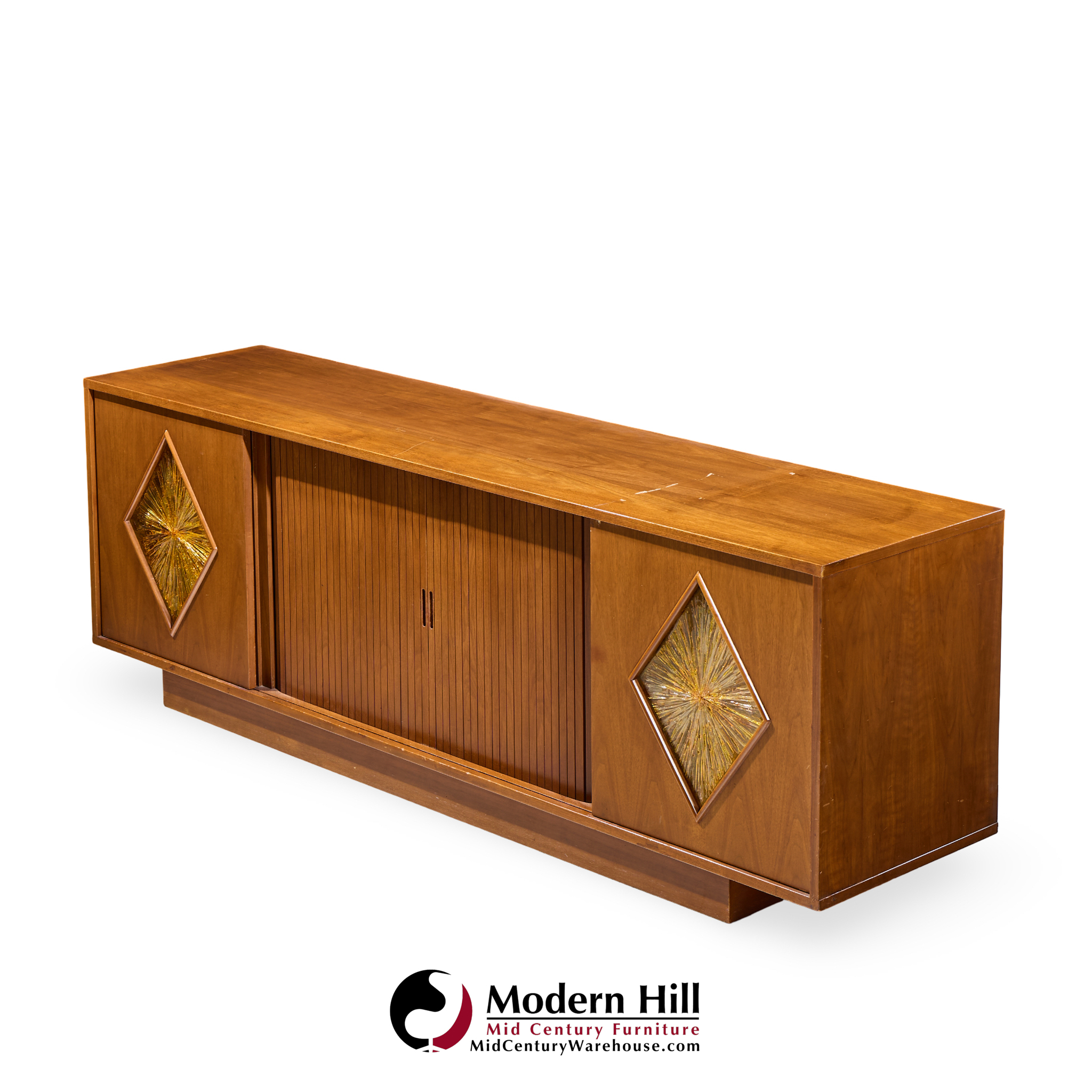 John Keal for Brown Saltman Style Mid Century Walnut Tambour Door Credenza and Hutch