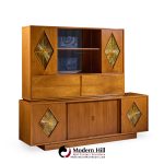 John Keal for Brown Saltman Style Mid Century Walnut Tambour Door Credenza and Hutch