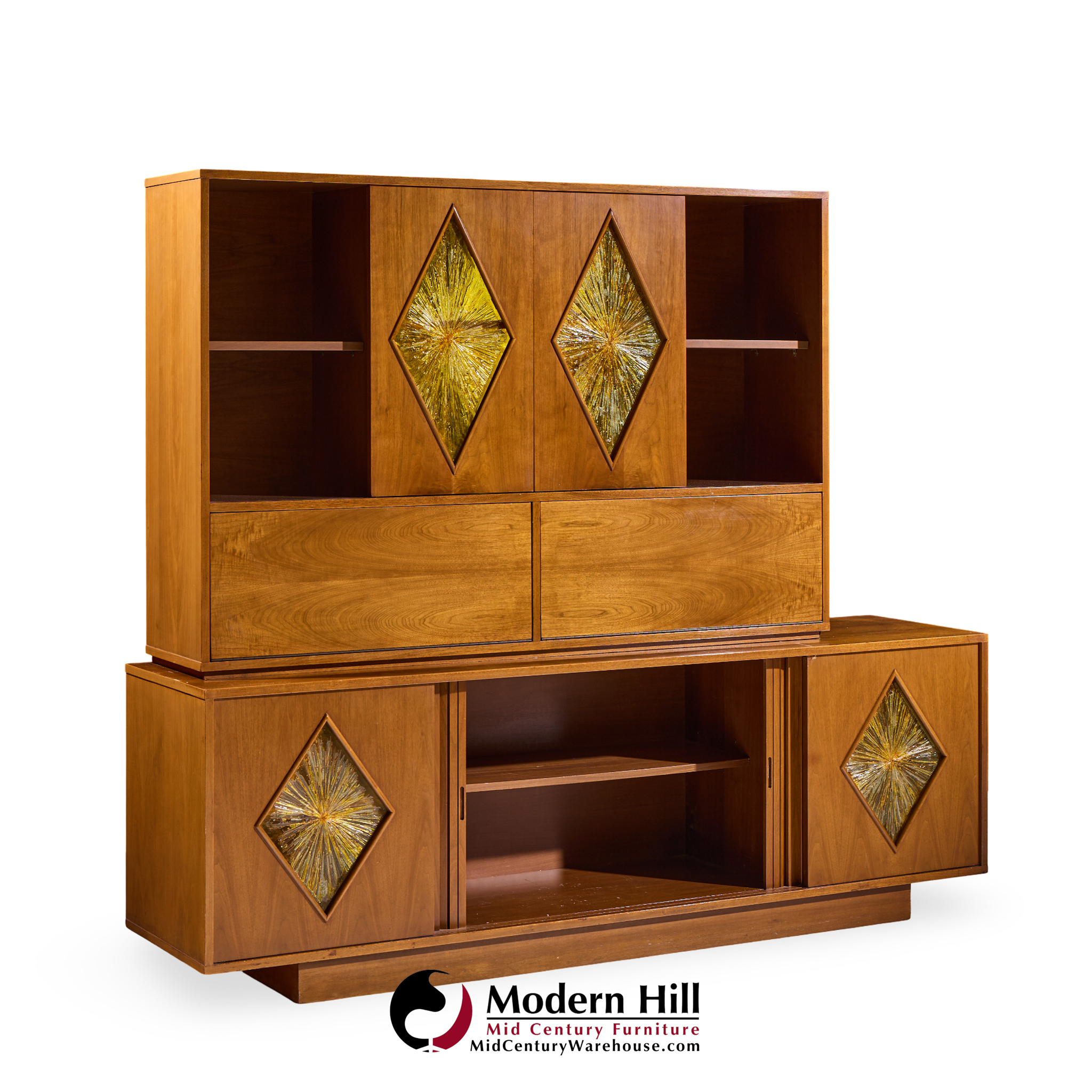 John Keal for Brown Saltman Style Mid Century Walnut Tambour Door Credenza and Hutch