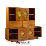 John Keal for Brown Saltman Style Mid Century Walnut Tambour Door Credenza and Hutch