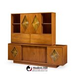 John Keal for Brown Saltman Style Mid Century Walnut Tambour Door Credenza and Hutch