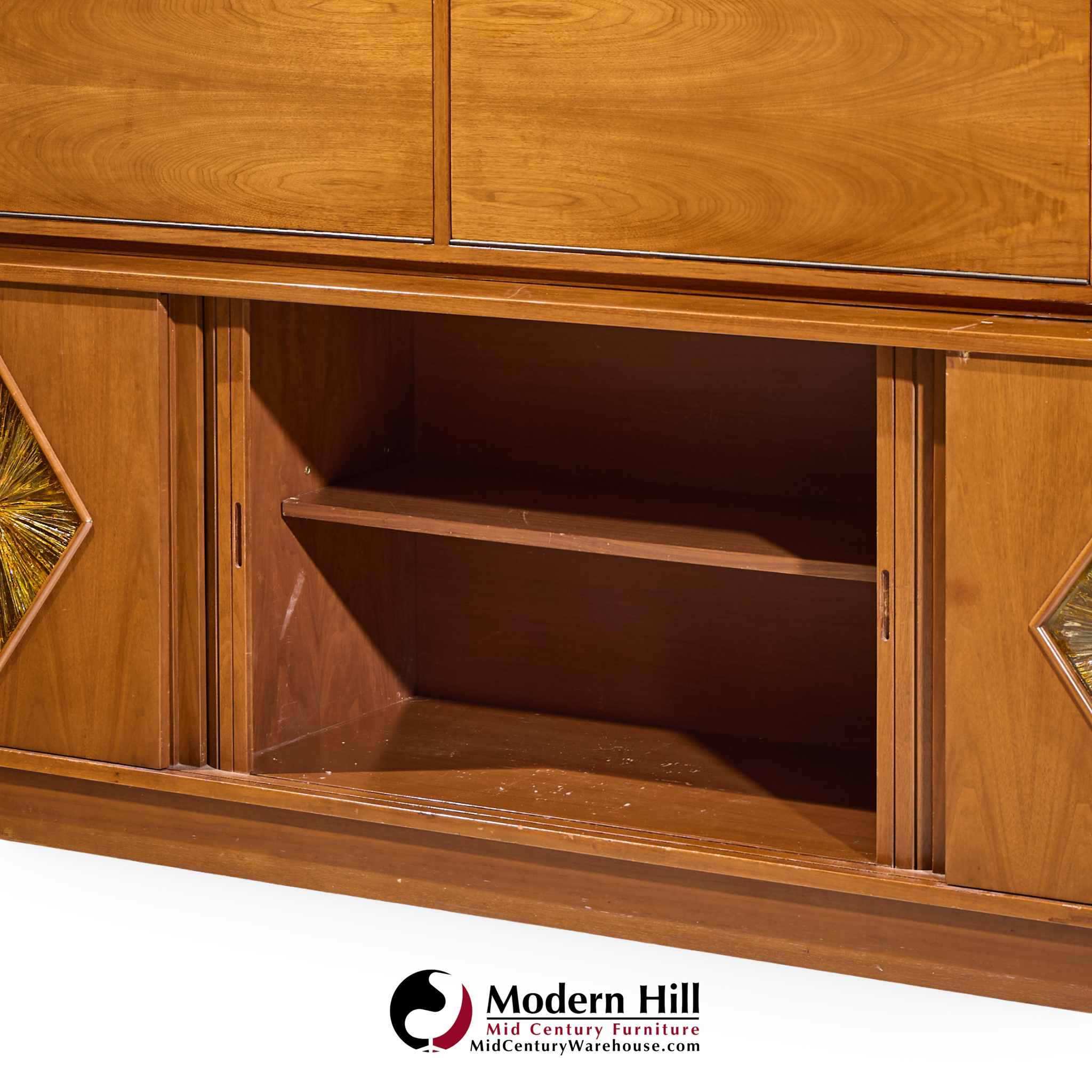 John Keal for Brown Saltman Style Mid Century Walnut Tambour Door Credenza and Hutch