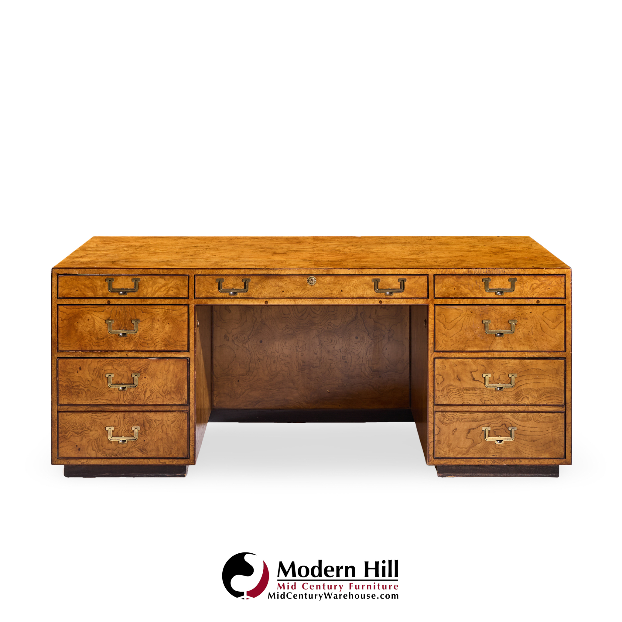John Widdicomb Mid Century Burlwood and Brass Campaign Executive Desk
