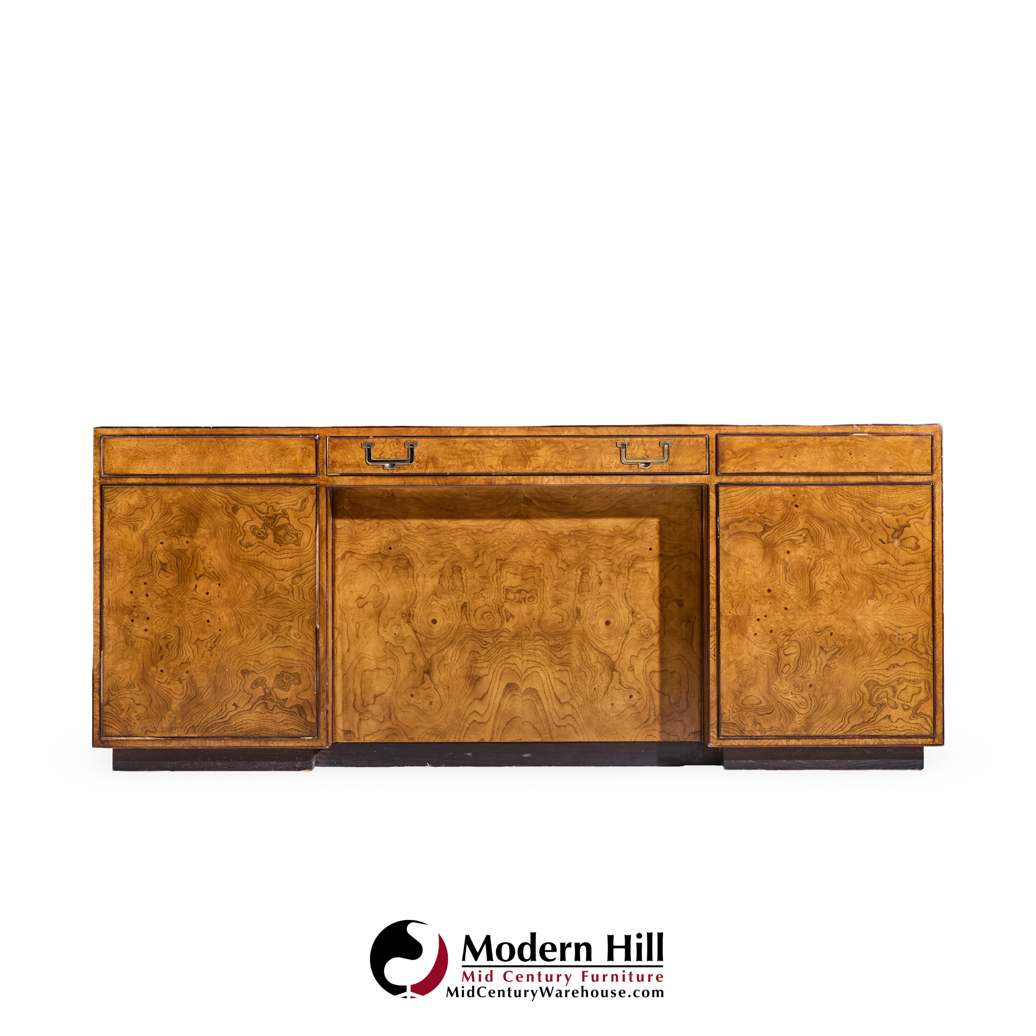 John Widdicomb Mid Century Burlwood and Brass Campaign Executive Desk