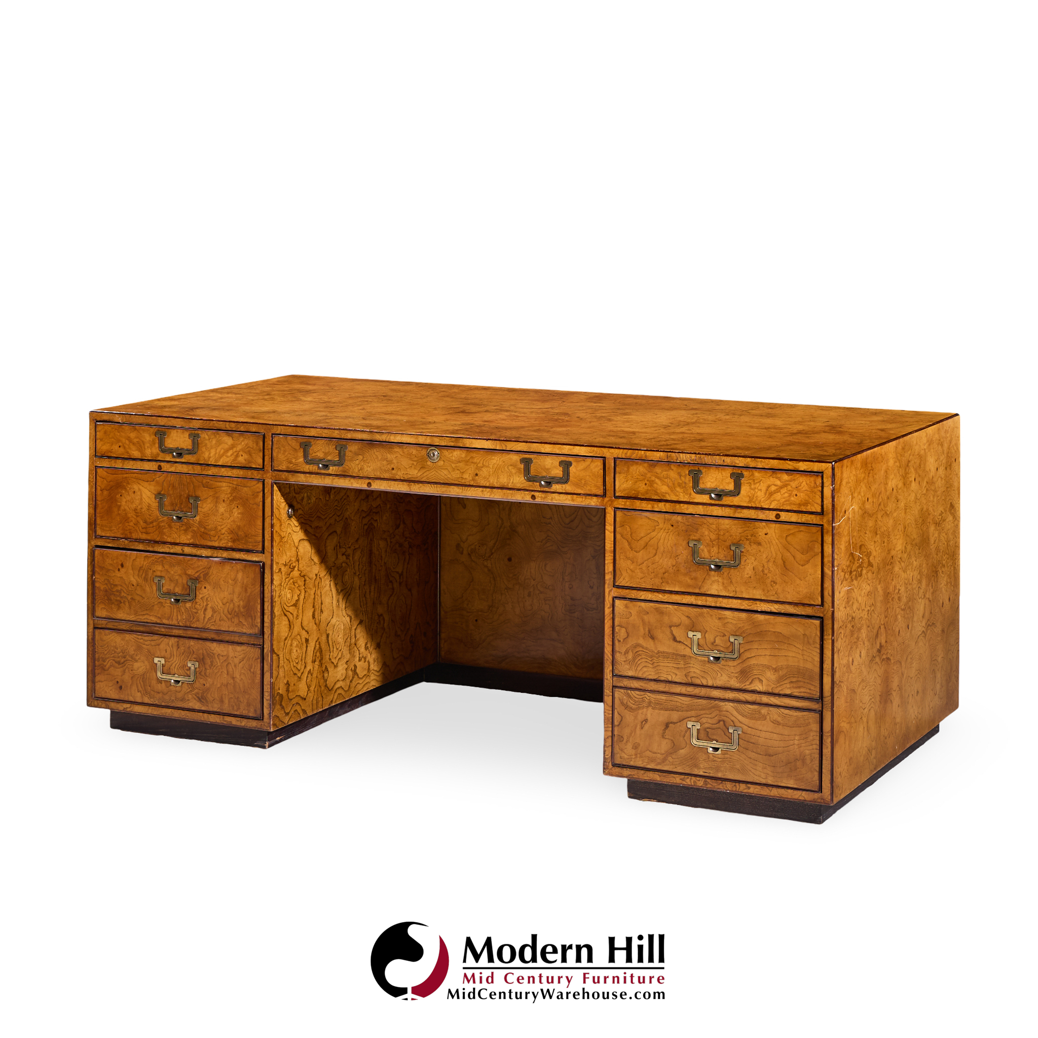 John Widdicomb Mid Century Burlwood and Brass Campaign Executive Desk