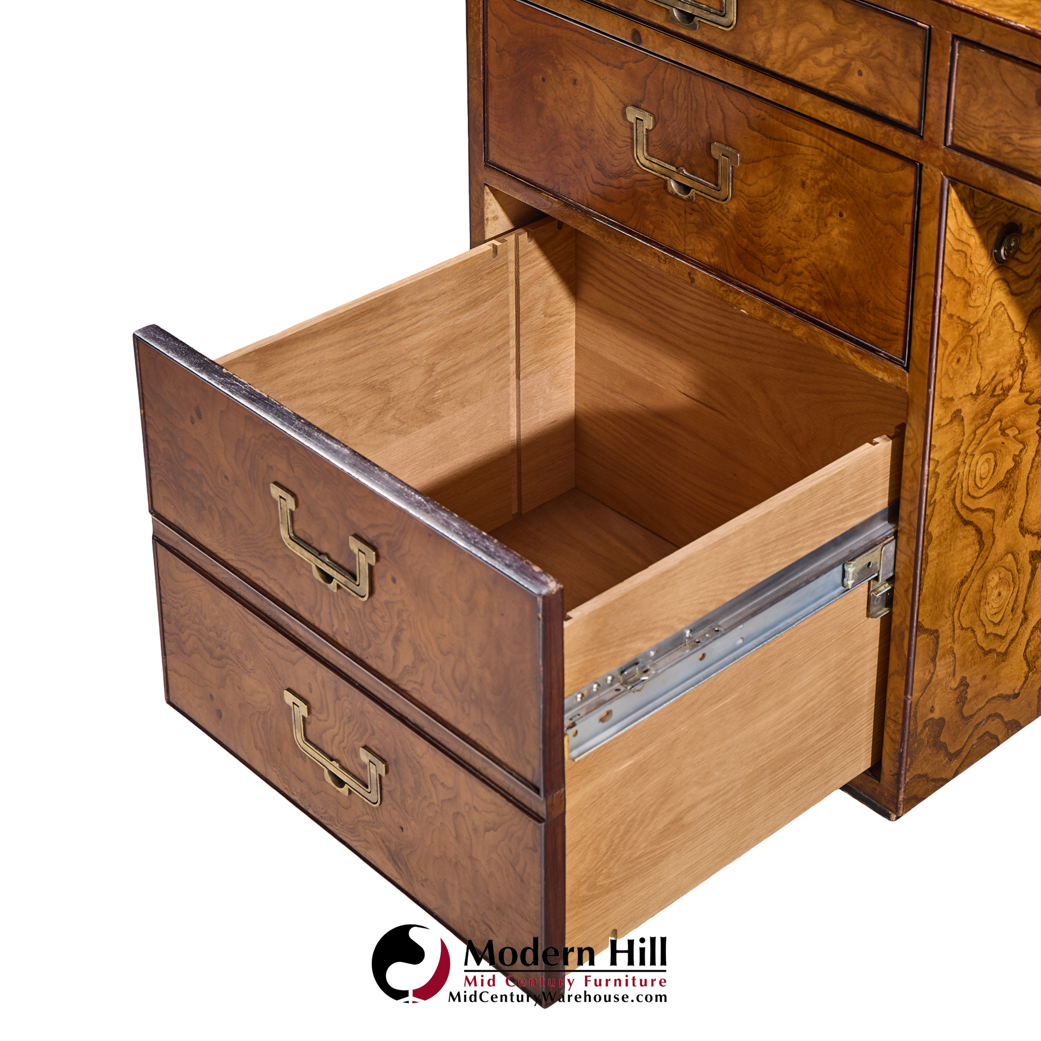 John Widdicomb Mid Century Burlwood and Brass Campaign Executive Desk