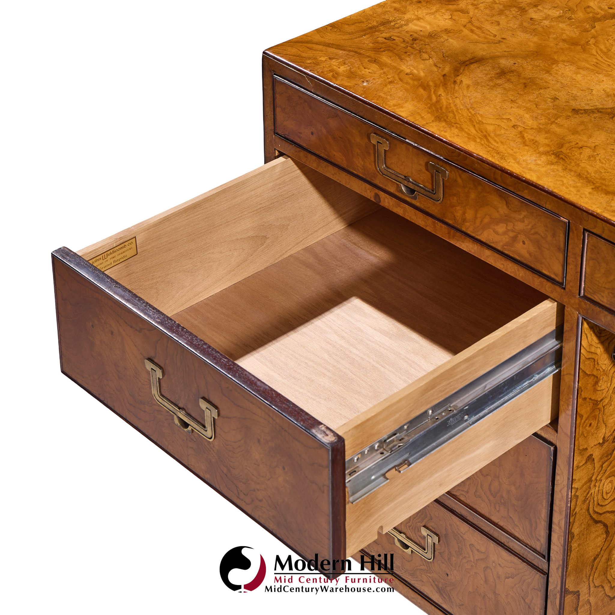 John Widdicomb Mid Century Burlwood and Brass Campaign Executive Desk