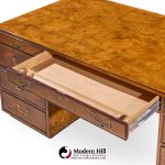 John Widdicomb Mid Century Burlwood and Brass Campaign Executive Desk