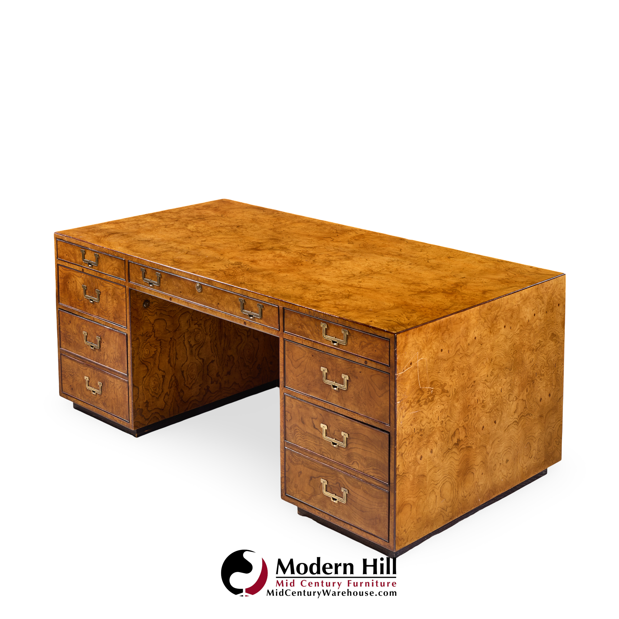John Widdicomb Mid Century Burlwood and Brass Campaign Executive Desk