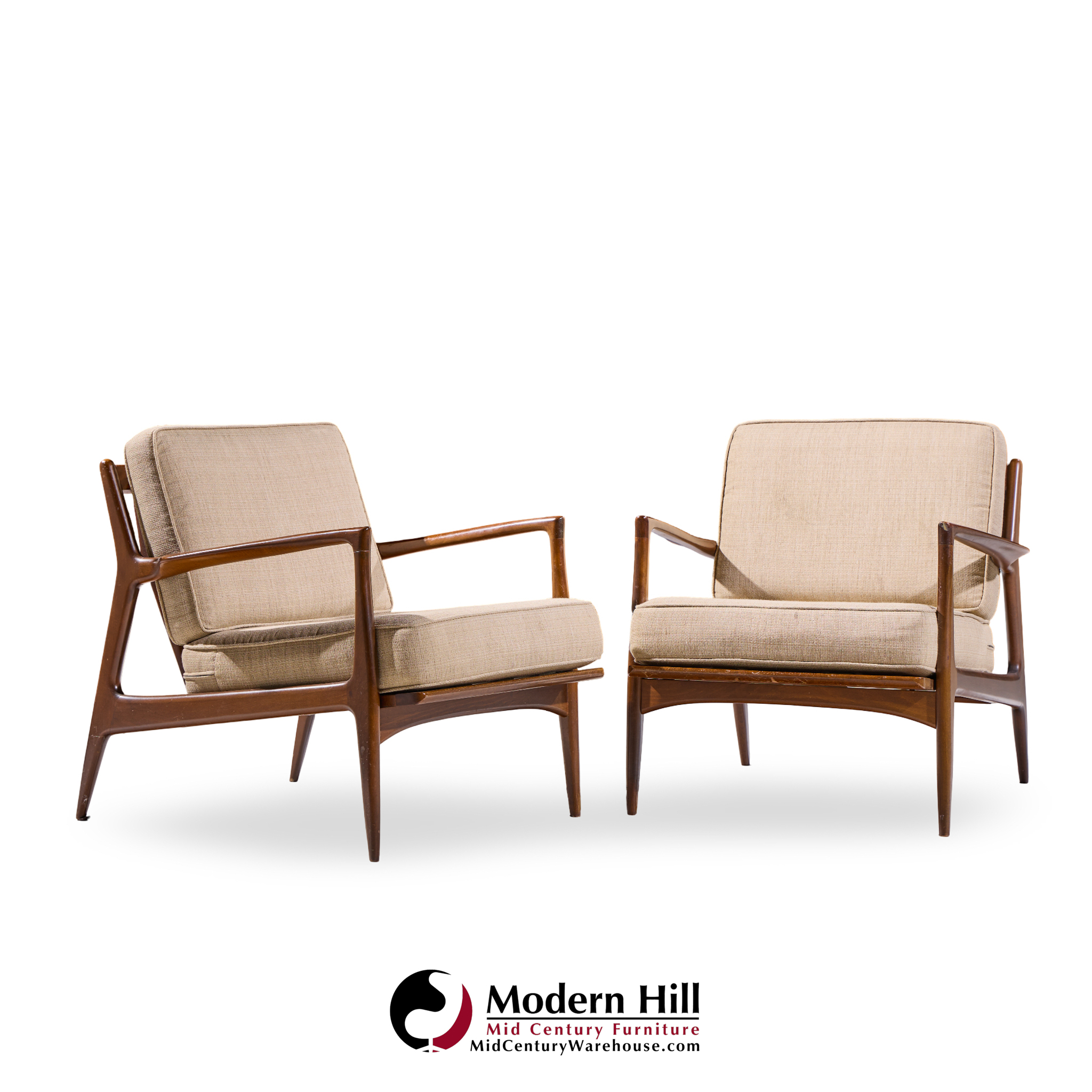 kofod larsen for selig mid century danish lounge chairs - pair