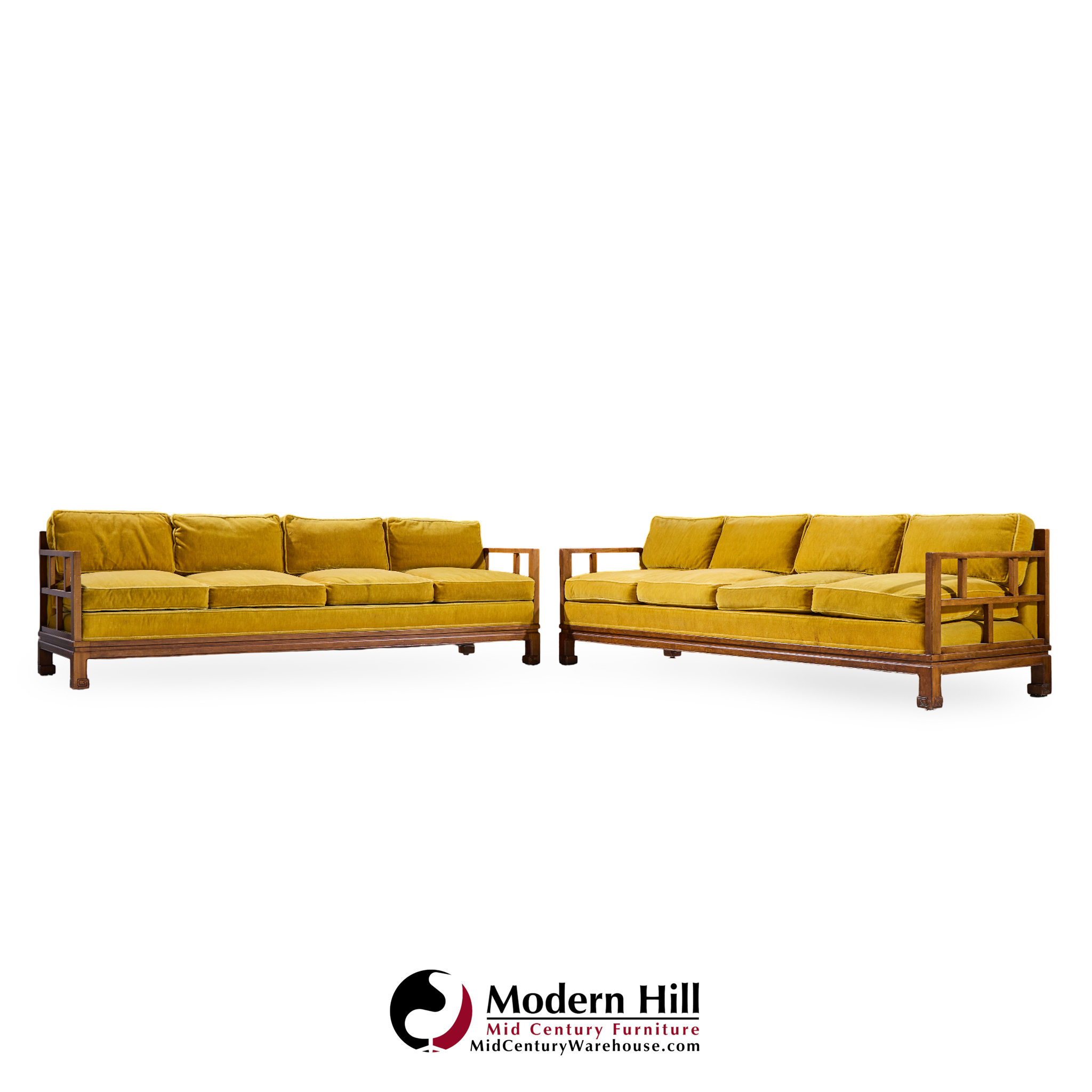 michael taylor for baker furniture far east collection mid century walnut sofa - pair
