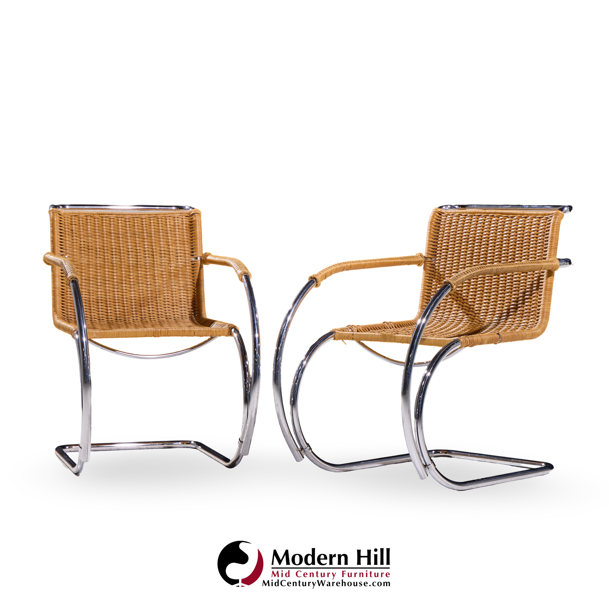 Mies Van Der Rohe for Knoll Mr Mid Century Chrome and Rattan Chairs - Pair