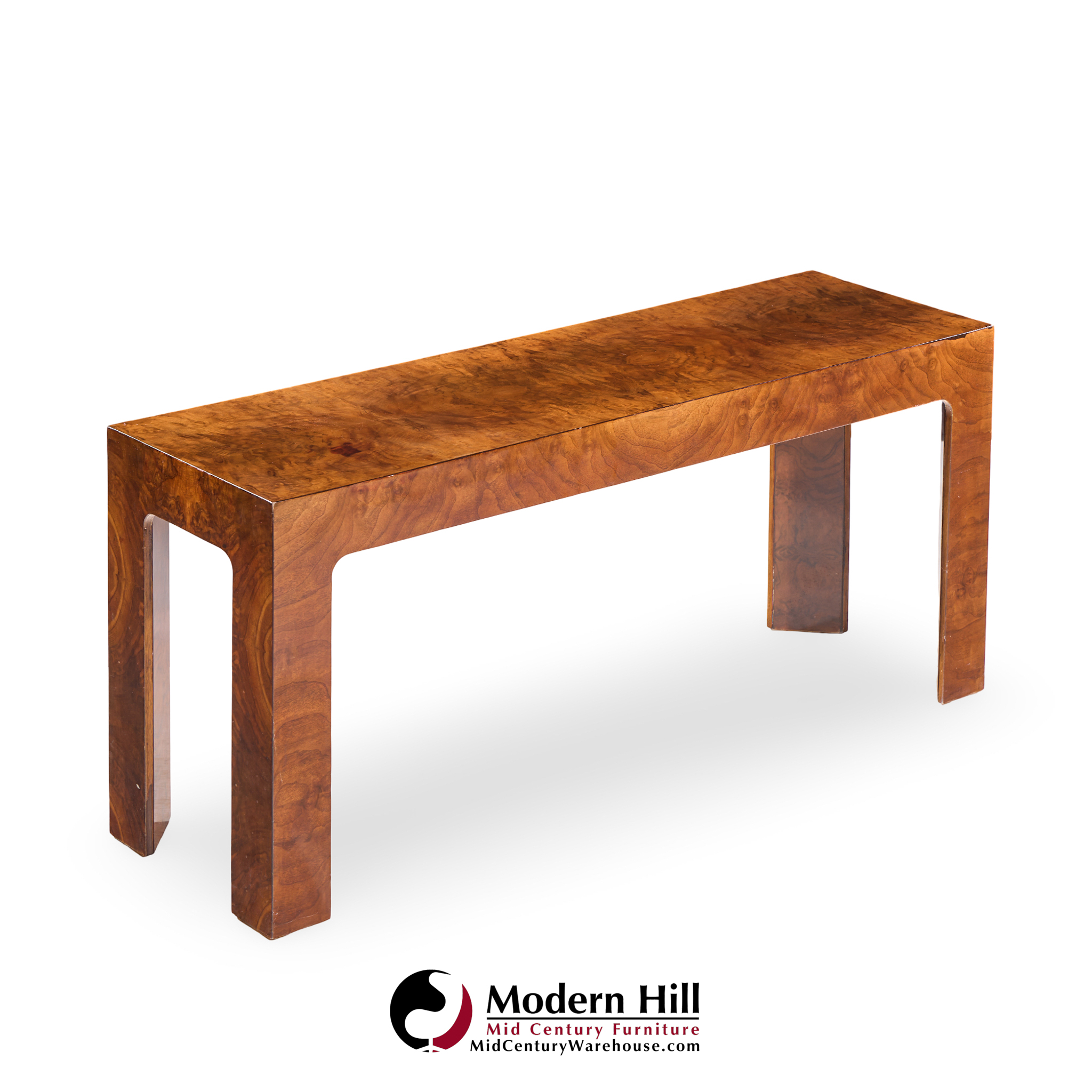 Milo Baughman Style Mid Century Burlwood Console Table