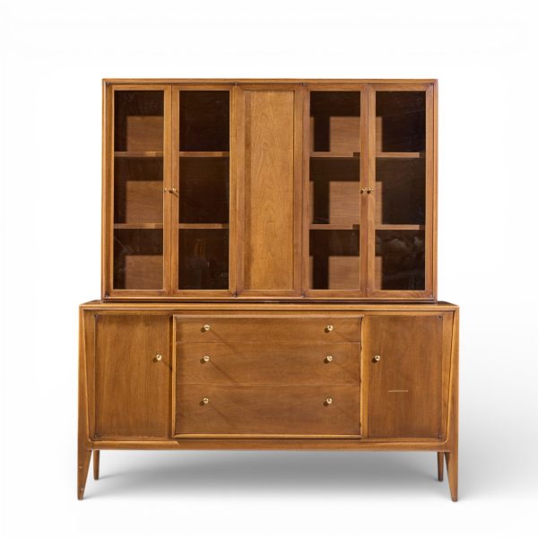 Mount Airy Facade Mid Century Walnut and Brass Credenza and Hutch