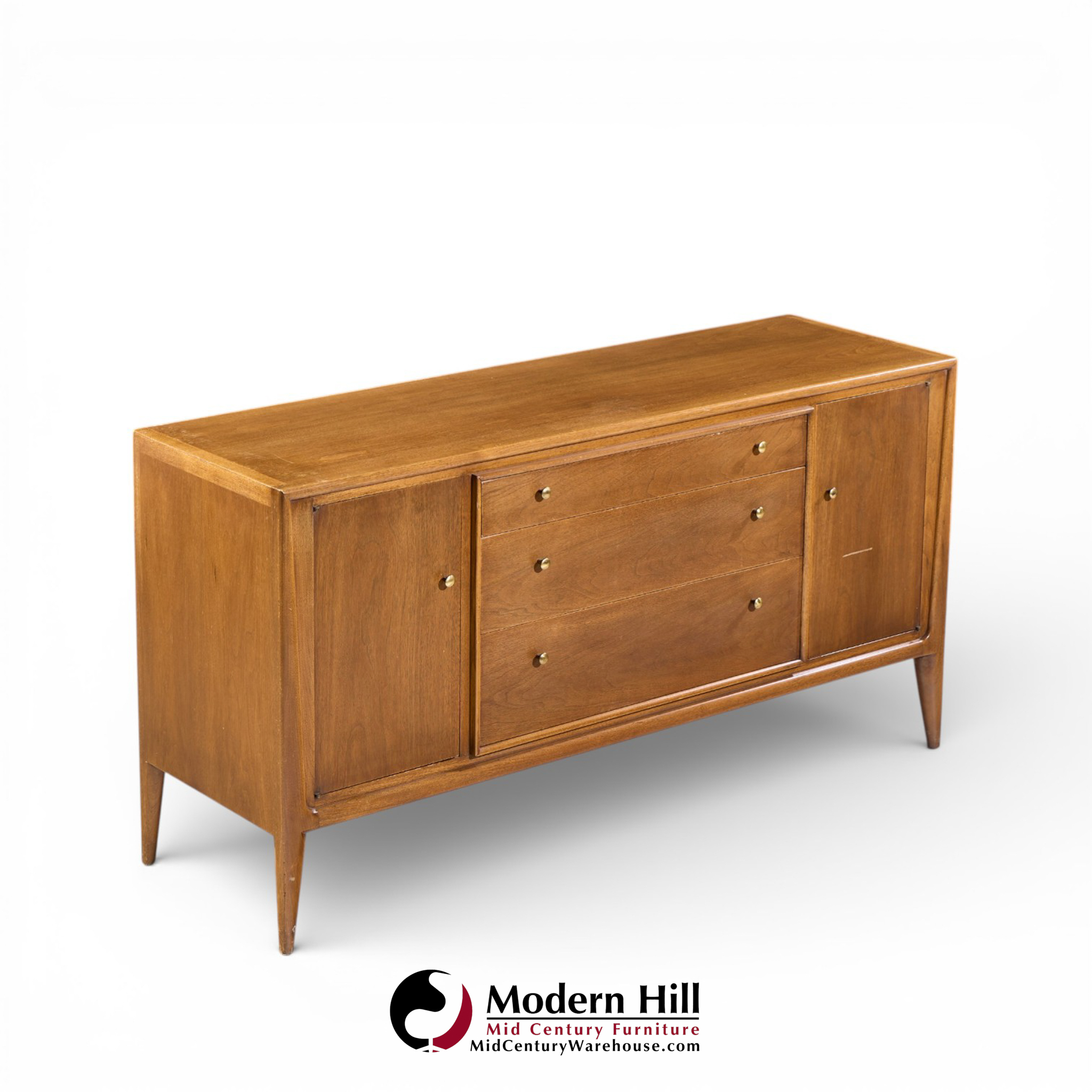 Mount Airy Facade Mid Century Walnut and Brass Credenza and Hutch