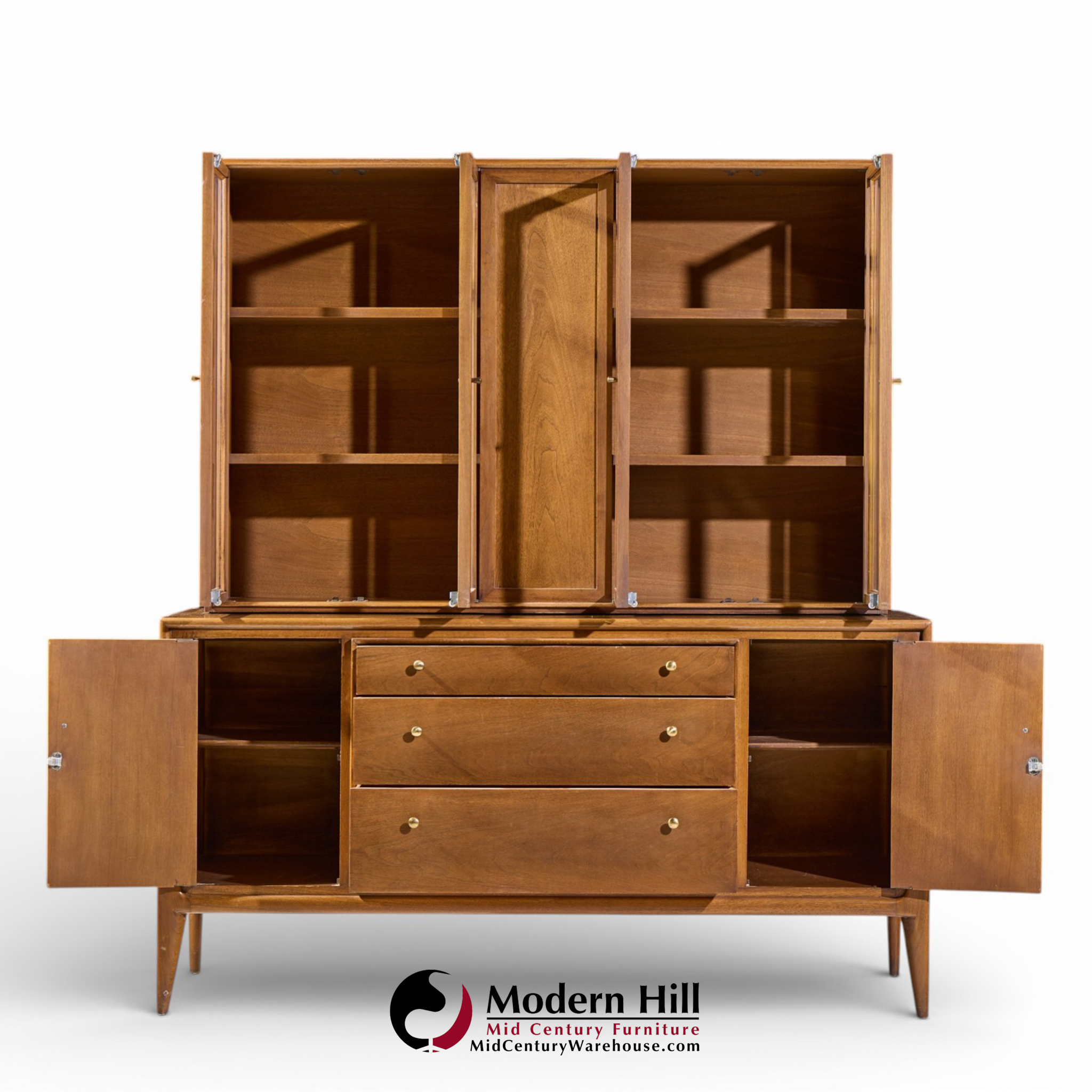 Mount Airy Facade Mid Century Walnut and Brass Credenza and Hutch