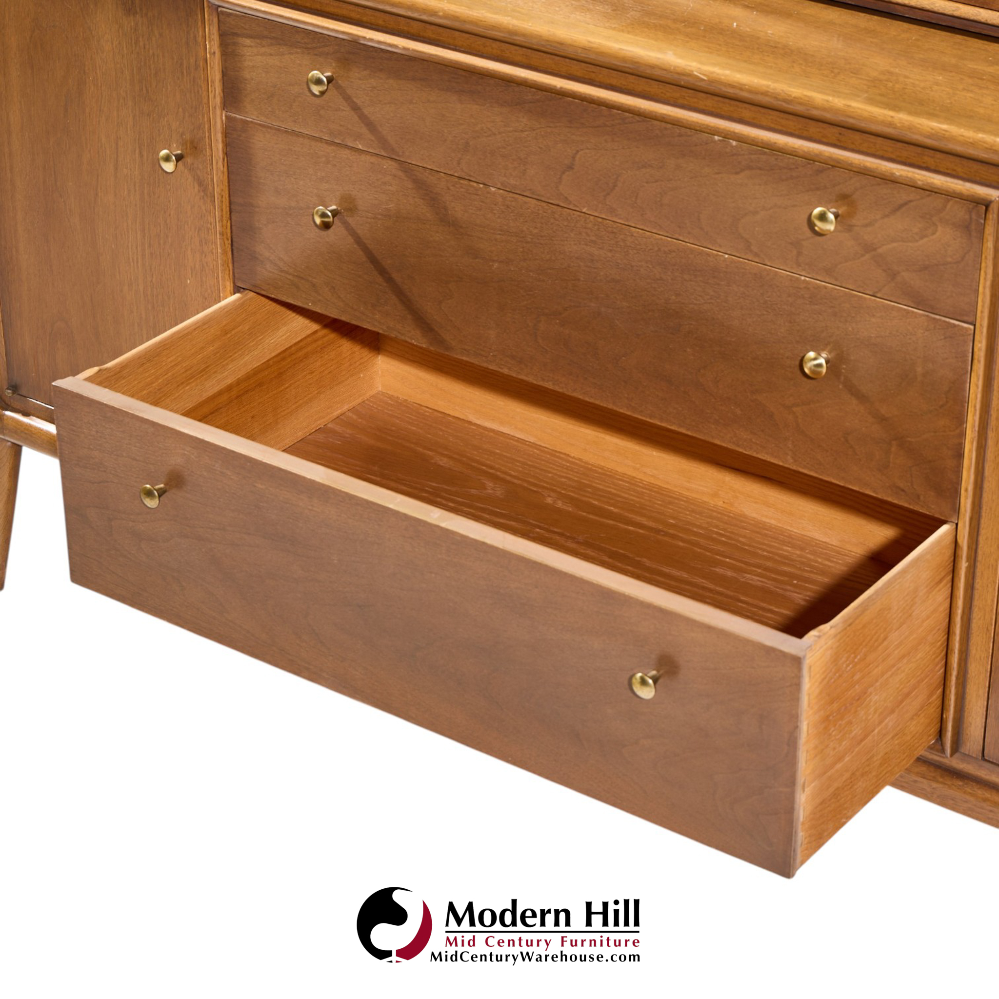 Mount Airy Facade Mid Century Walnut and Brass Credenza and Hutch