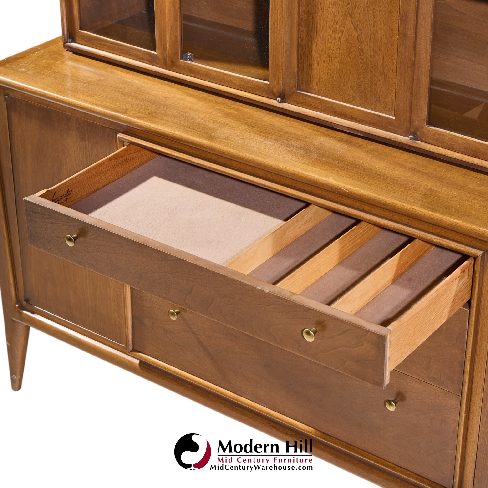 Mount Airy Facade Mid Century Walnut and Brass Credenza and Hutch