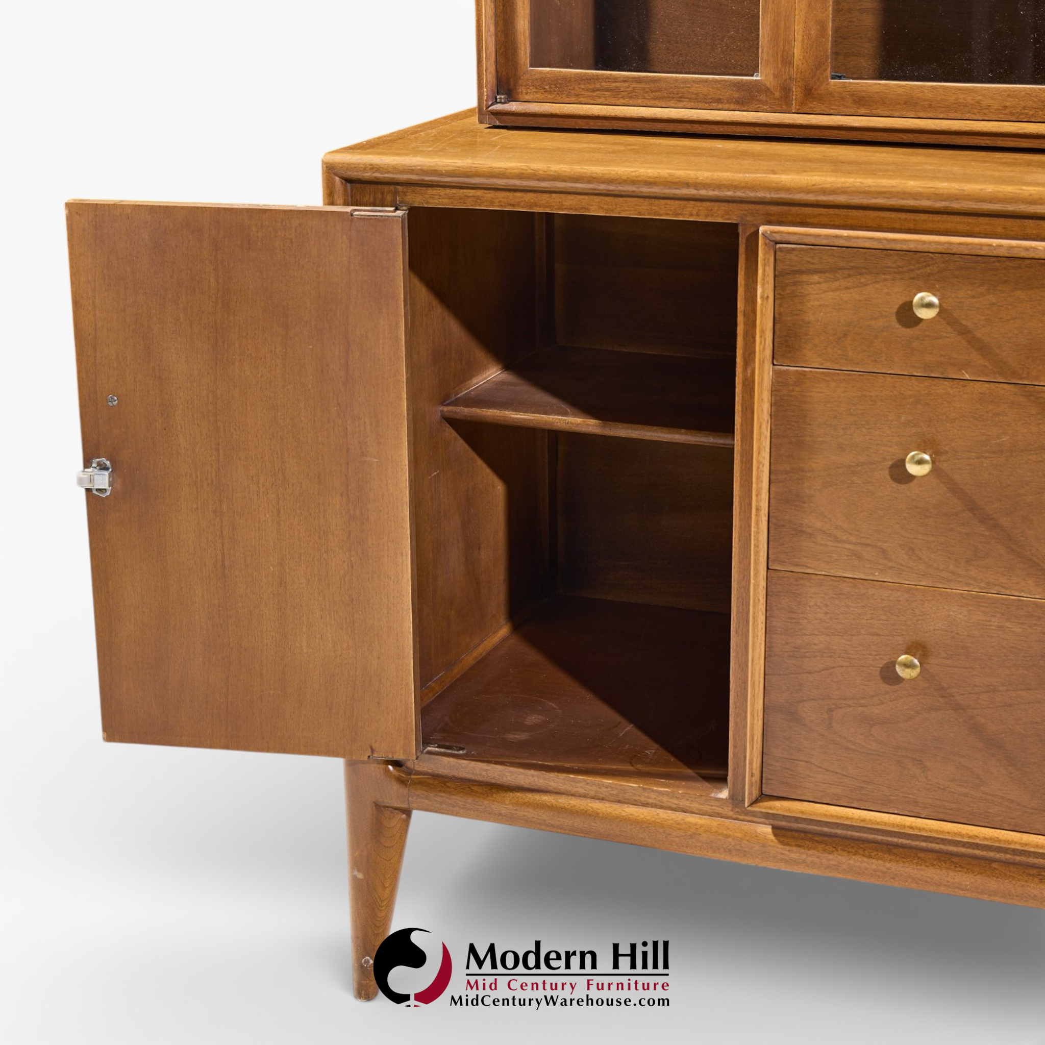 Mount Airy Facade Mid Century Walnut and Brass Credenza and Hutch