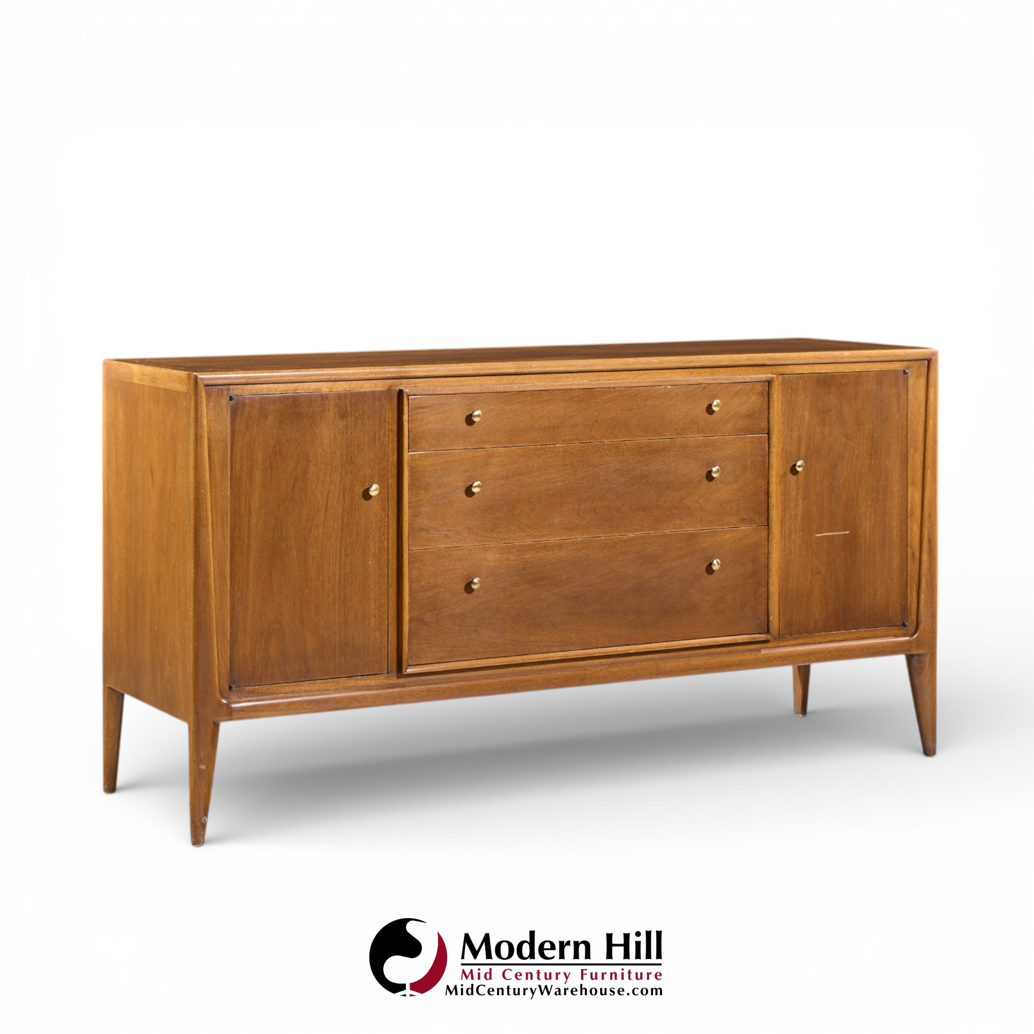 Mount Airy Facade Mid Century Walnut and Brass Credenza and Hutch