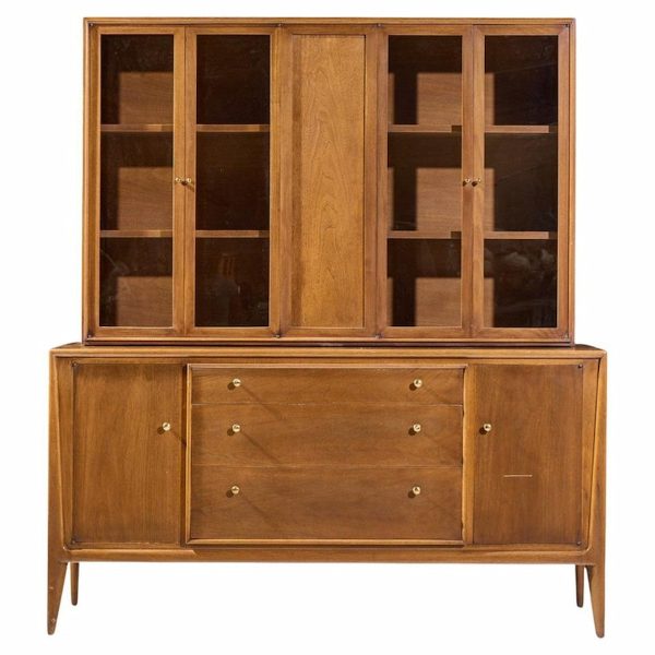 Mount Airy Facade Mid Century Walnut and Brass Credenza and Hutch